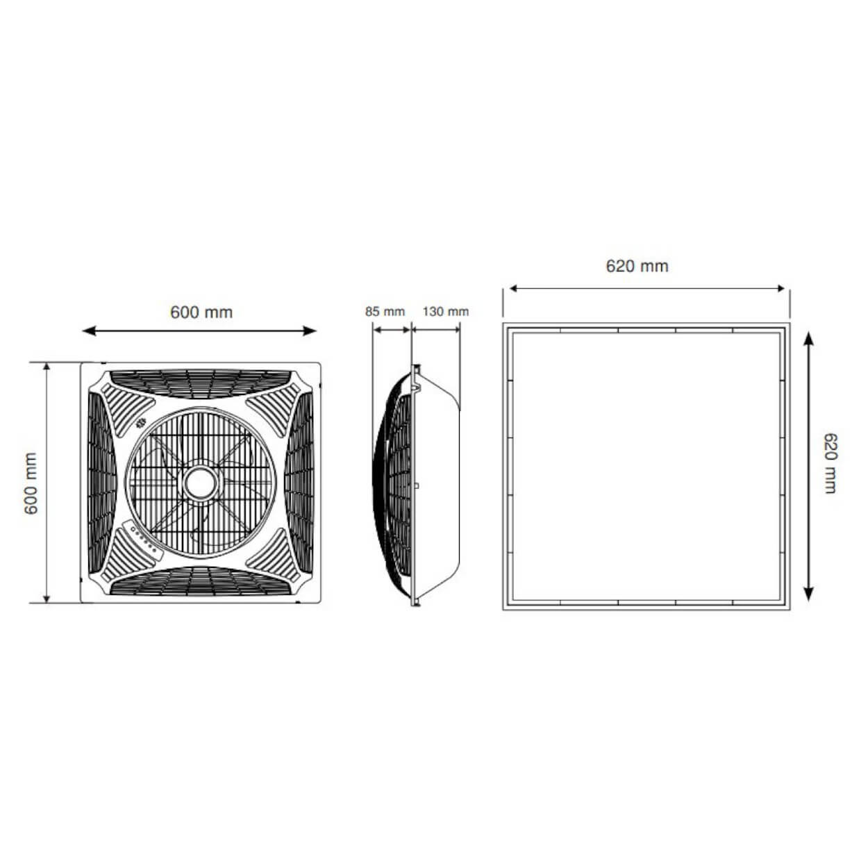Diagramma che mostra le misure di un condizionatore d'aria a soffitto.