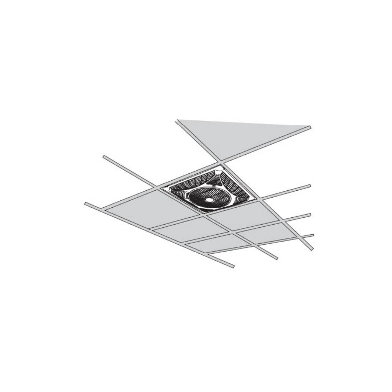 Un soffitto con un apparecchio di illuminazione a incasso, con supporti metallici e un'apertura quadrata.