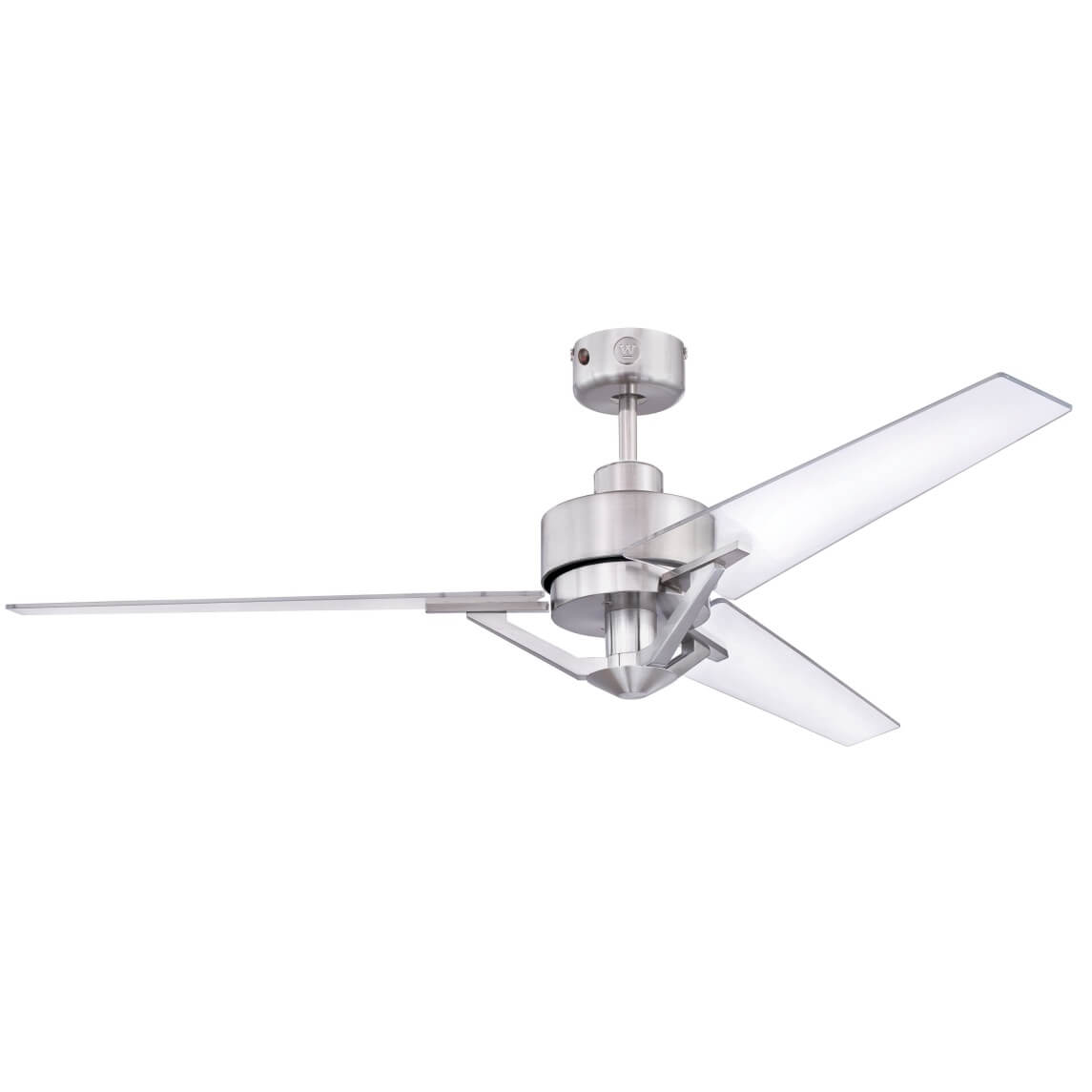 Ventilatore da soffitto argentato con tre pale trasparenti, montato su sfondo bianco.
