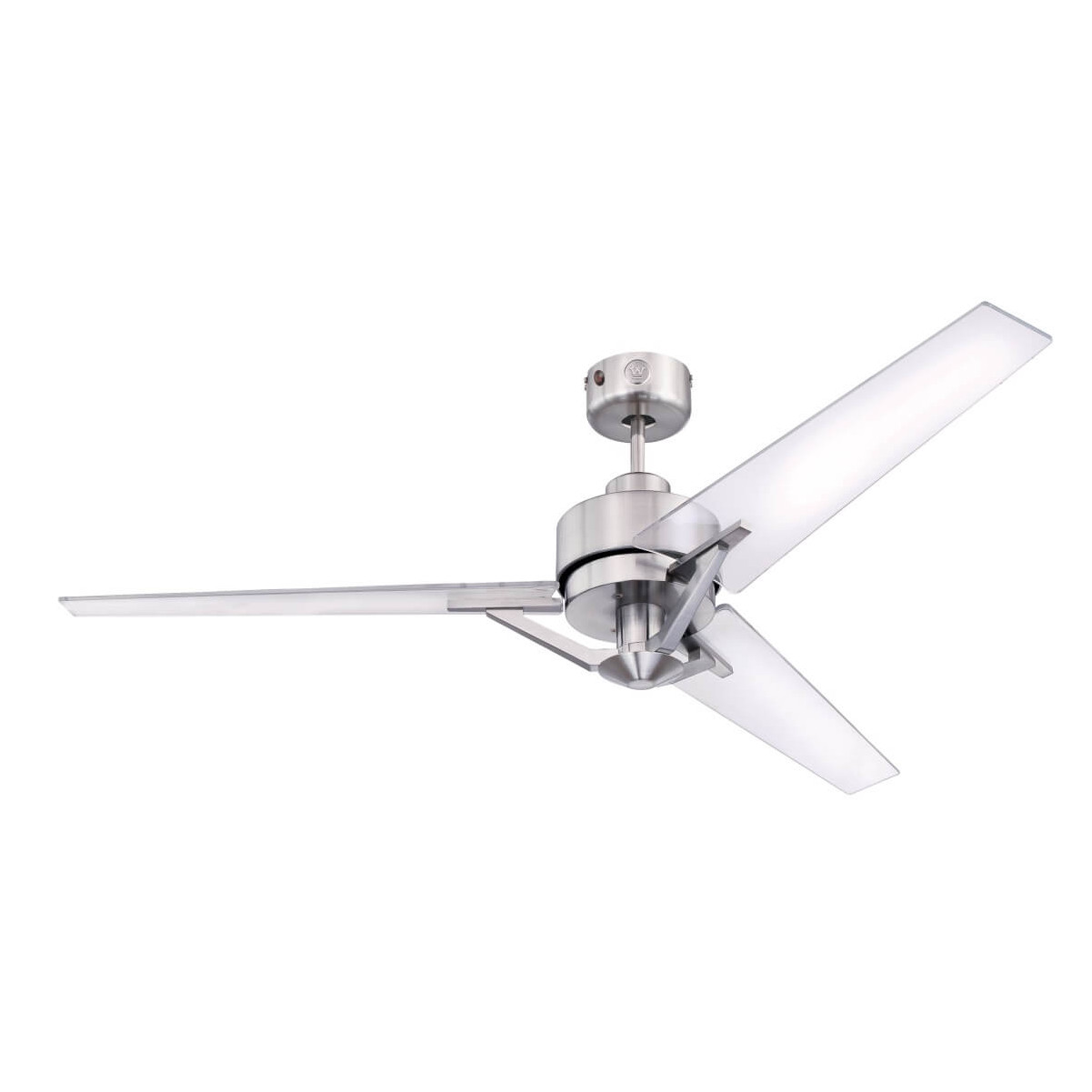 Un ventilatore da soffitto con tre pale trasparenti e un motore argentato.