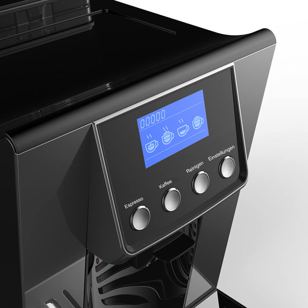 Schwarze Kaffeemaschine mit blauem Bildschirm. Tasten sind beschriftet Espresso, Kaffee und Einstellungen.