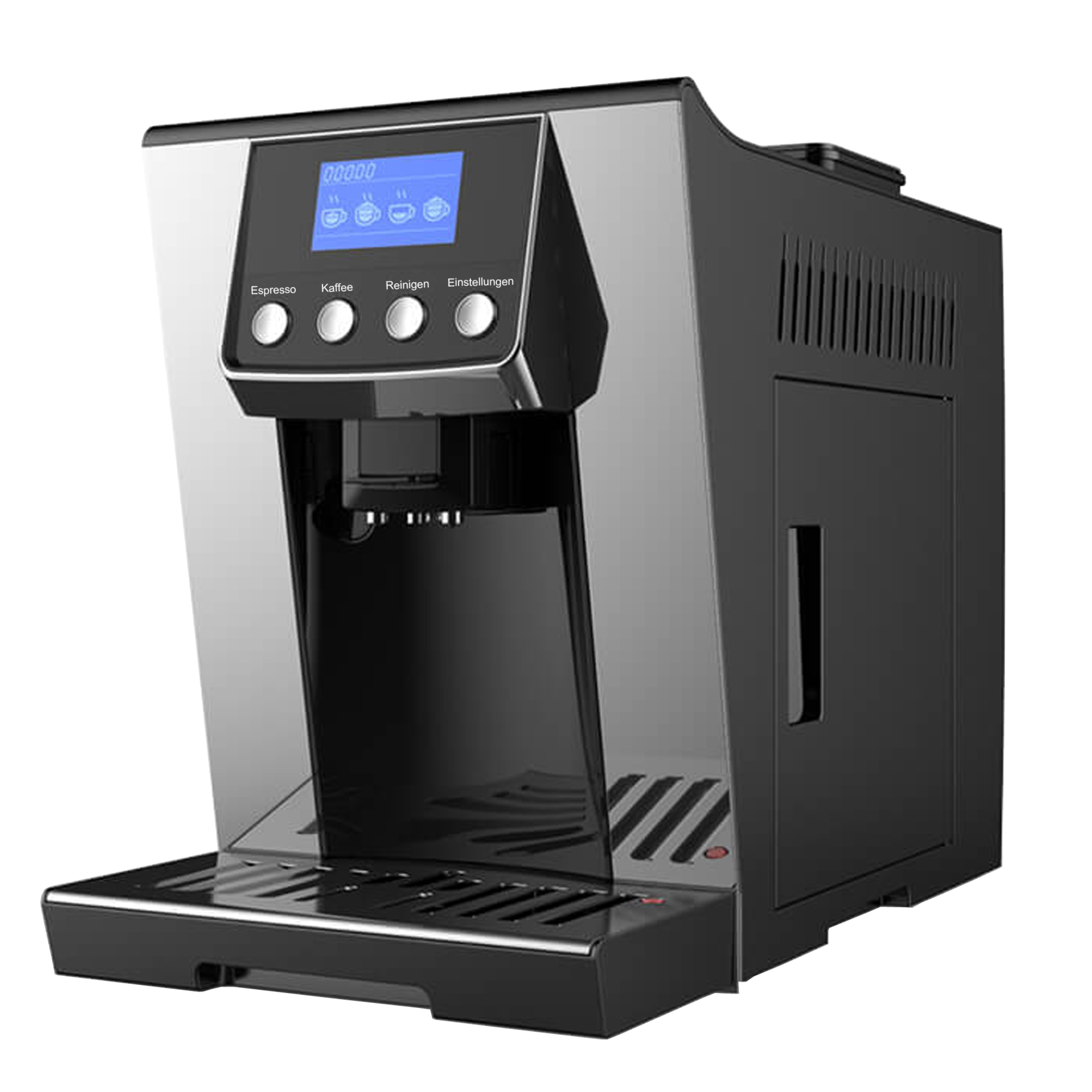 Silber-schwarze Kaffeemaschine mit blauem Display und Knöpfen.