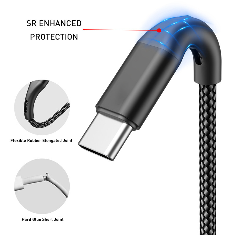 Schwarzes USB-C-Kabel mit geflochtenem Kabel und Nahaufnahmen, die verstärkte Verbindungen hervorheben.