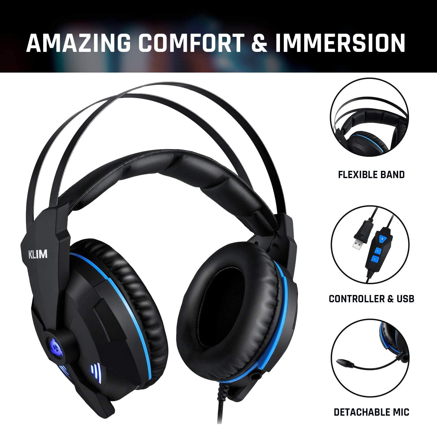 Czarny zestaw słuchawkowy dla graczy z niebieskimi akcentami, odłączanym mikrofonem i kontrolerem USB.