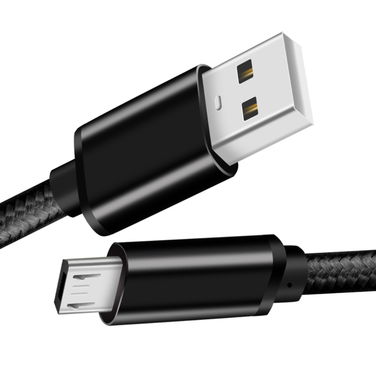 Schwarzes USB-Kabel. USB zu Micro-USB. Der Hintergrund ist weiß.