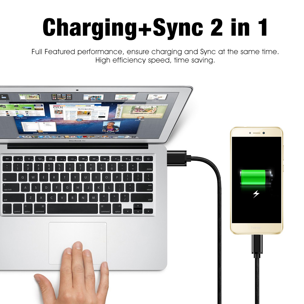 Laptop mit einem Ladekabel mit einem Telefon verbunden. Text: Charging+Sync 2 in 1, Zeitersparnis.