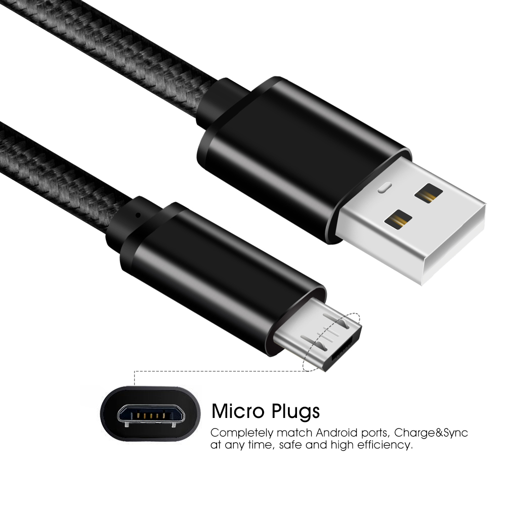 Nahaufnahme eines schwarzen USB-Kabels und Micro-USB-Anschlusses mit Text über Micro-Stecker.