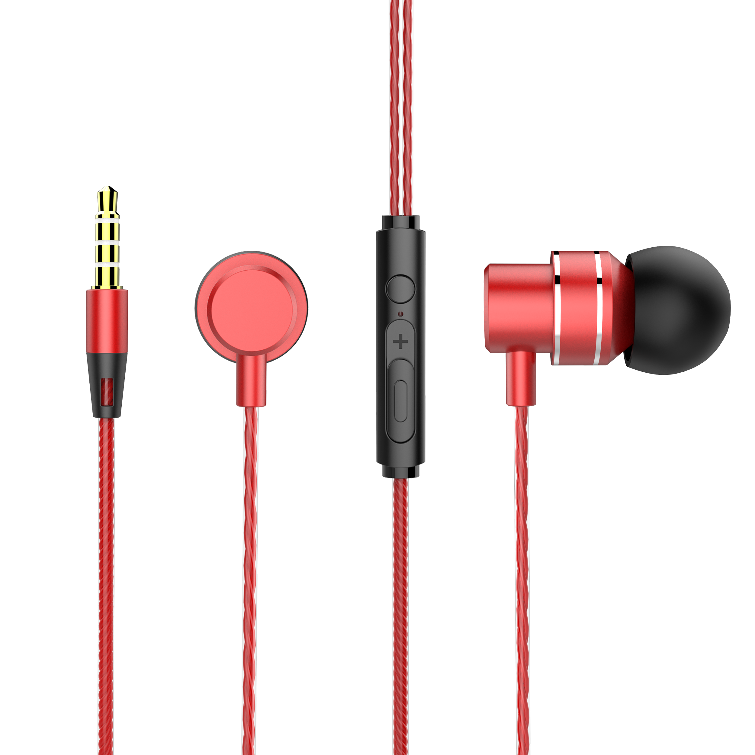 Auricolari rossi con jack da 3,5 mm e controllo in linea. Sfondo nero.