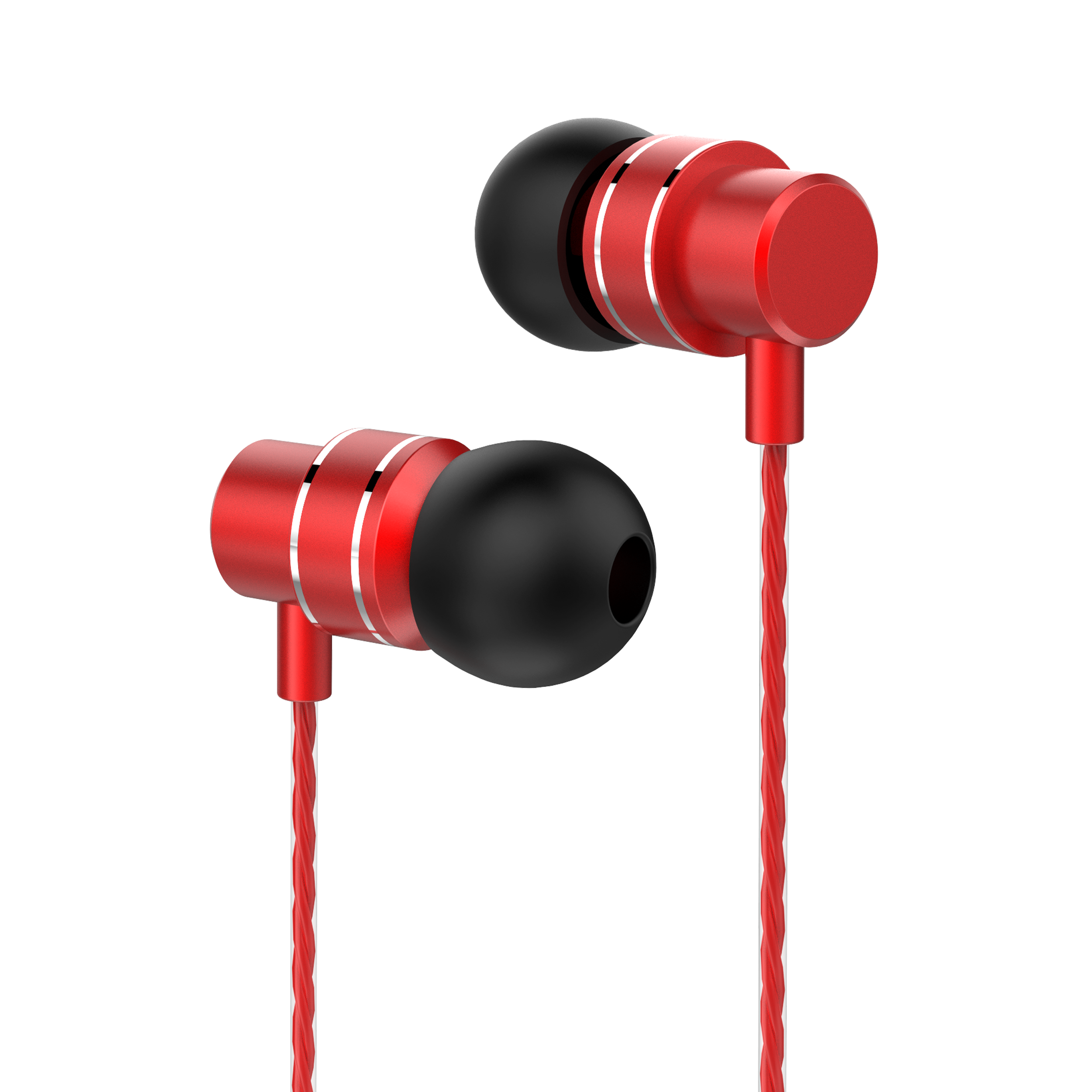 Auricolari rossi e argento con gommini neri, primo piano su sfondo nero.