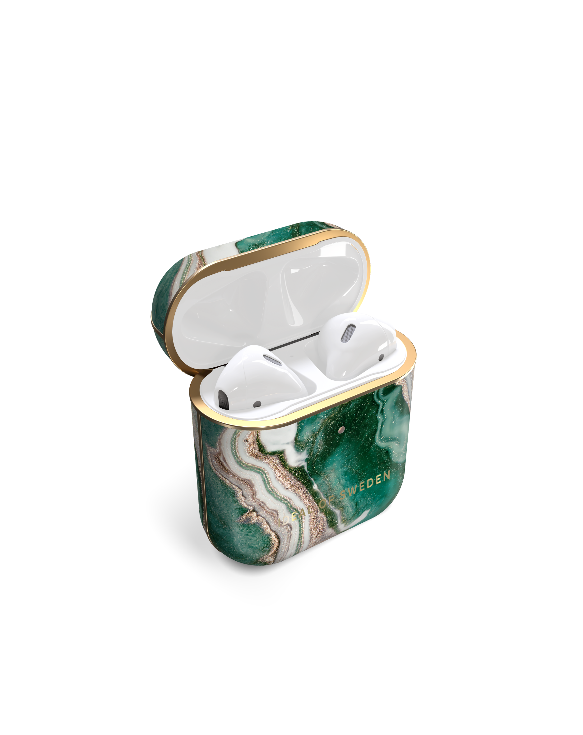 Funda de AirPods verde y dorada abierta. Los AirPods blancos están dentro. La funda tiene un diseño tipo mármol.