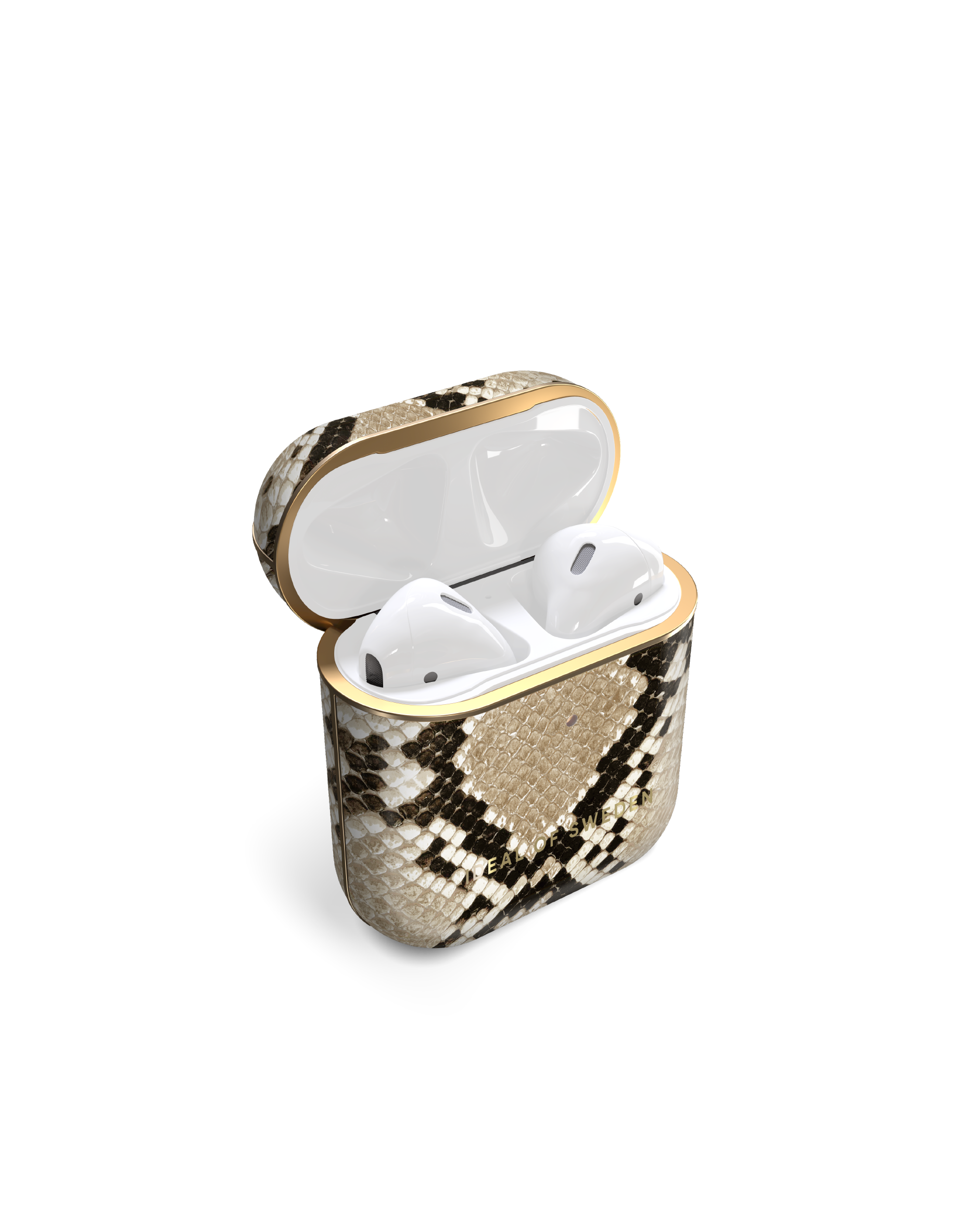 Funda de AirPods abierta con estampado de piel de serpiente. Auriculares blancos dentro. Ribete dorado en los bordes.
