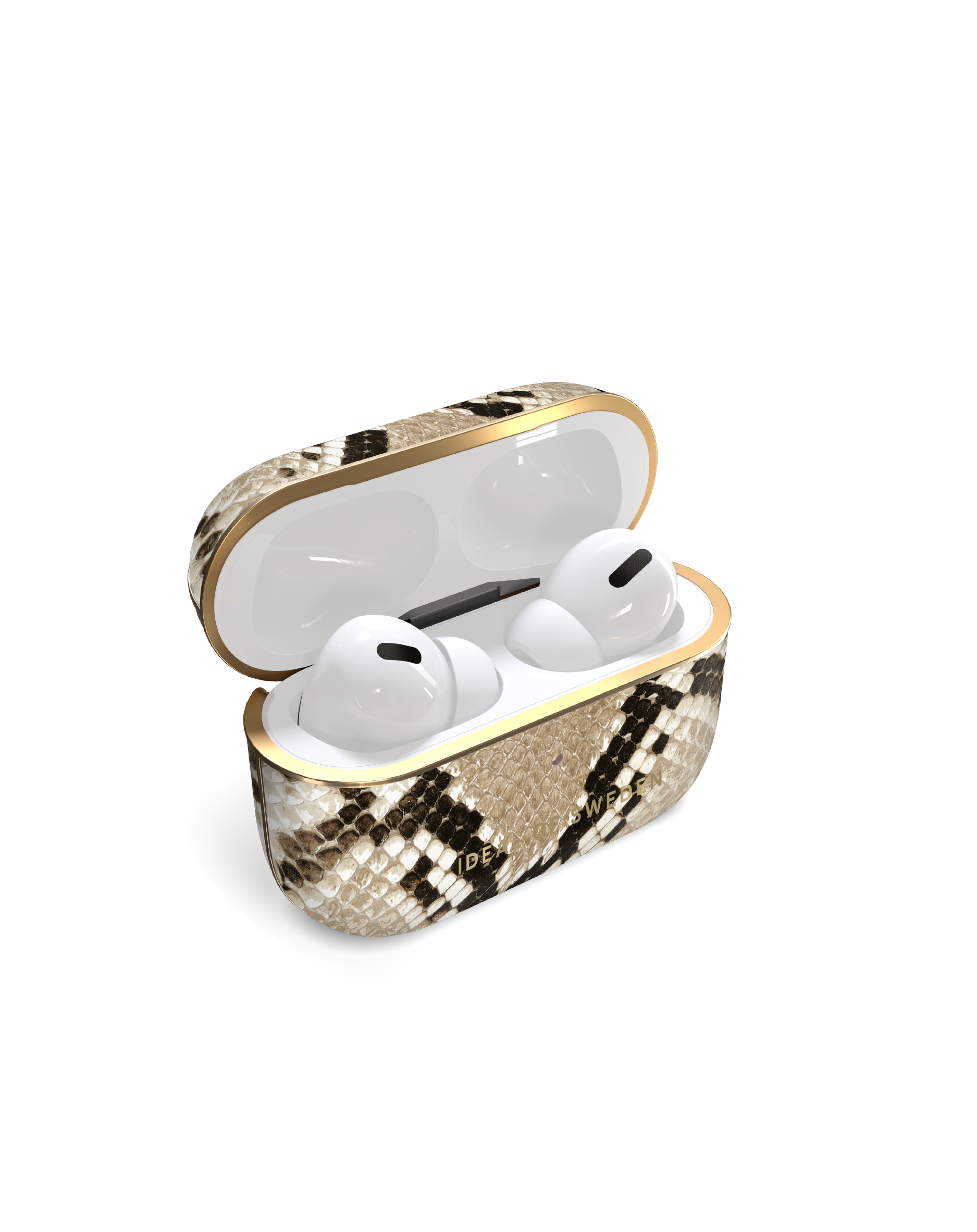Estuche AirPods abierto con patrón de piel de serpiente. AirPods blancos dentro. Borde dorado.