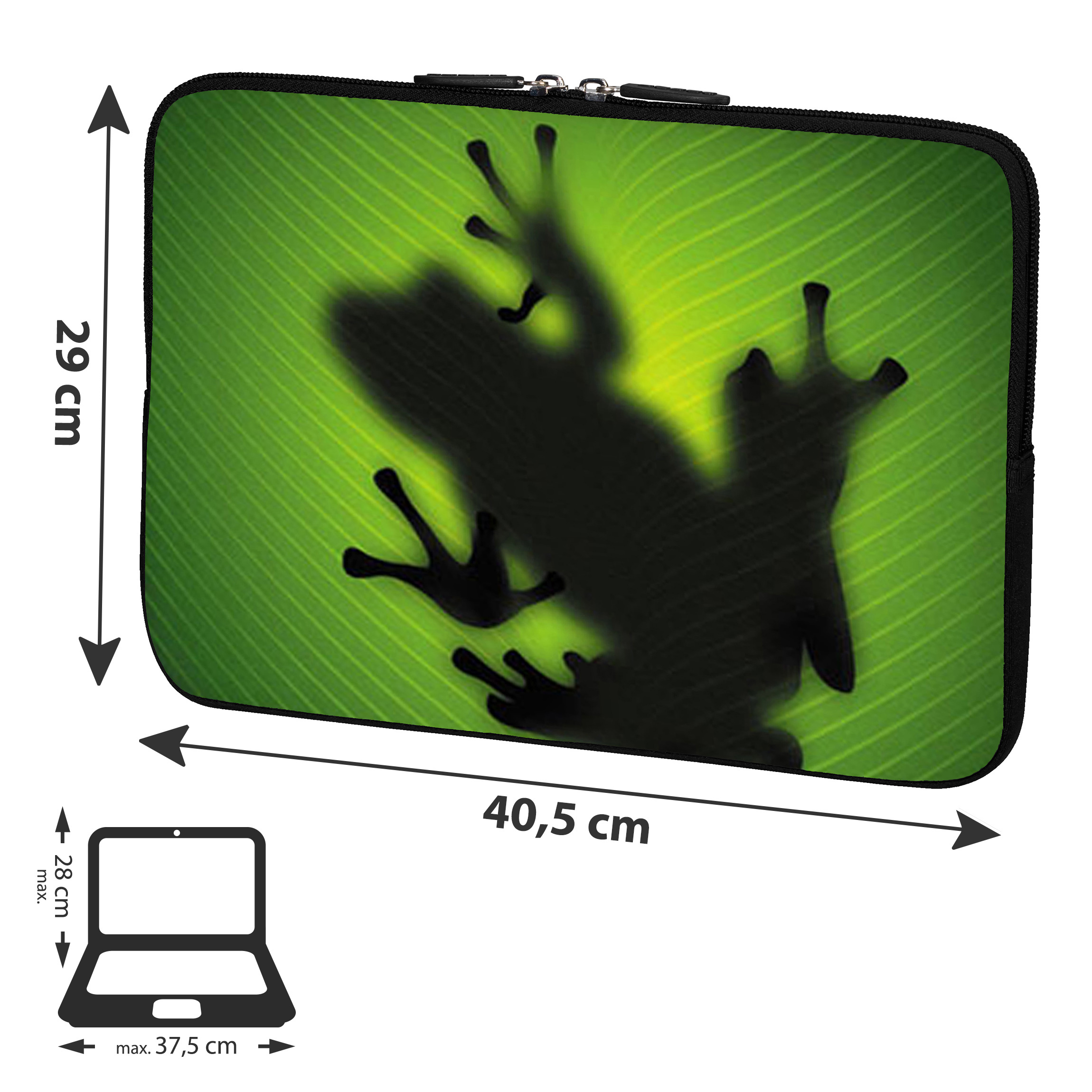 Laptop-Hülle mit einer Froschsilhoue auf einem grünen Blatt. Abmessungen sind angegeben.