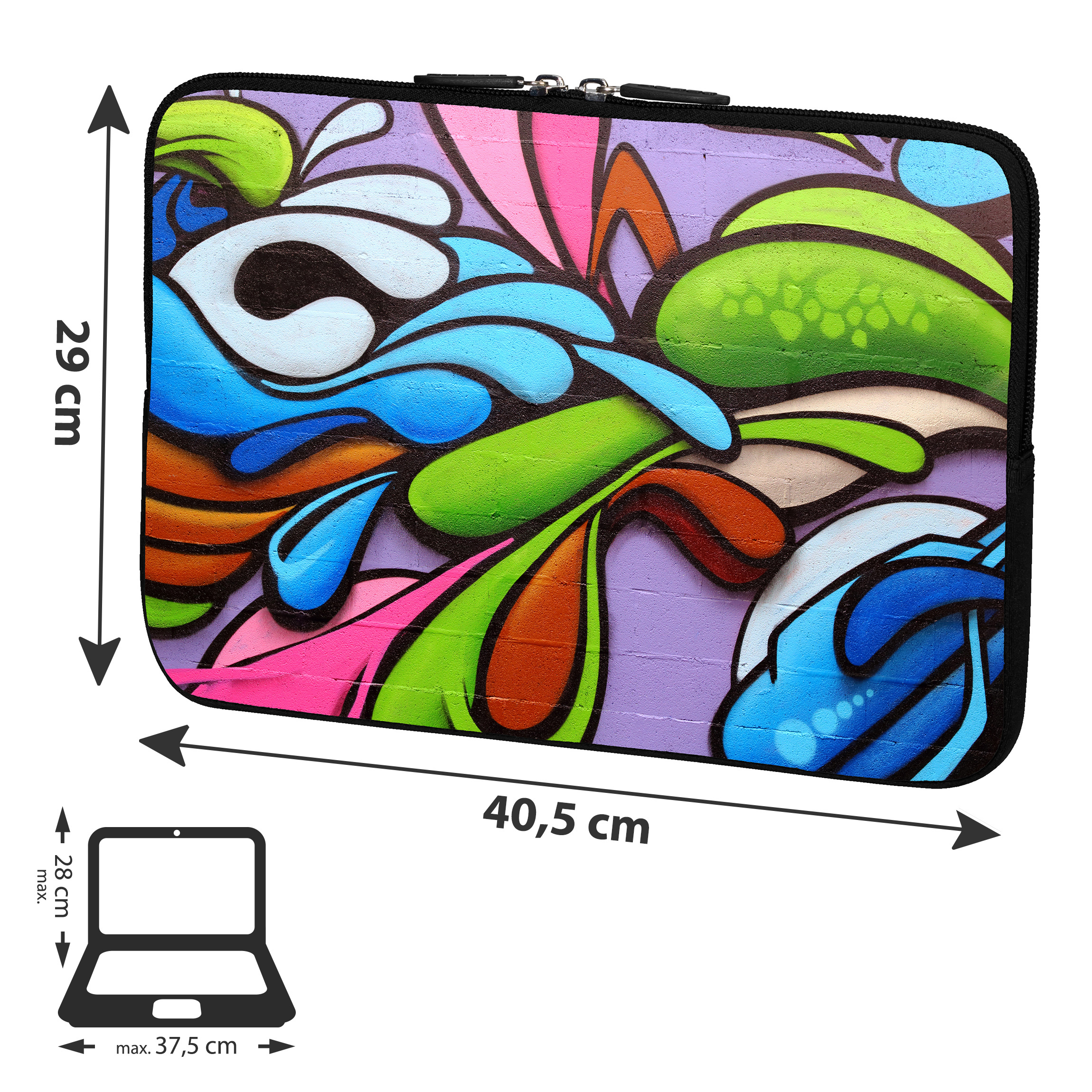 Laptop-Hülle mit farbenfroher Graffiti-Kunst. Abmessungen mit Laptop-Silhouette angezeigt.