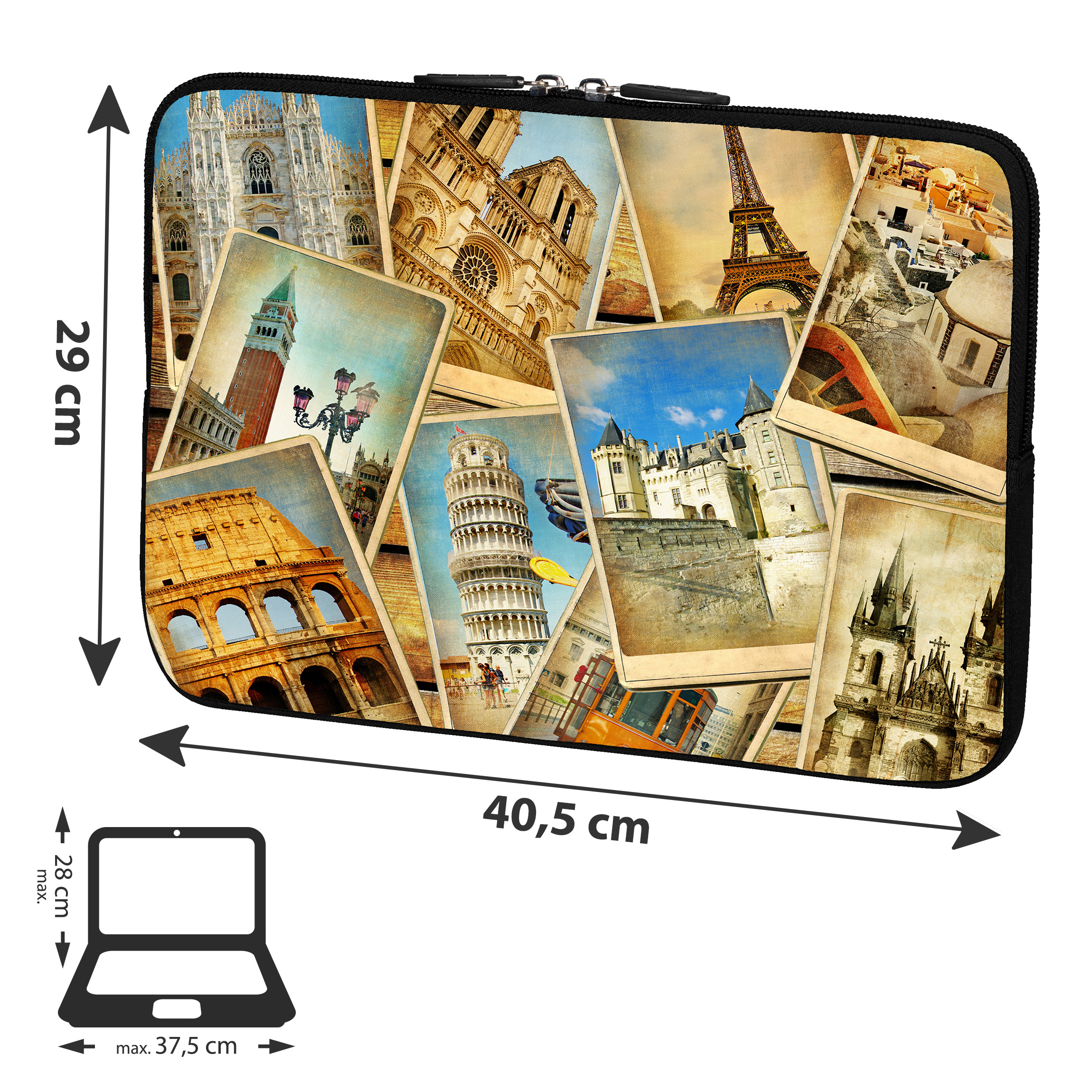Custodia per laptop con collage di monumenti del mondo e dimensioni su sfondo bianco.