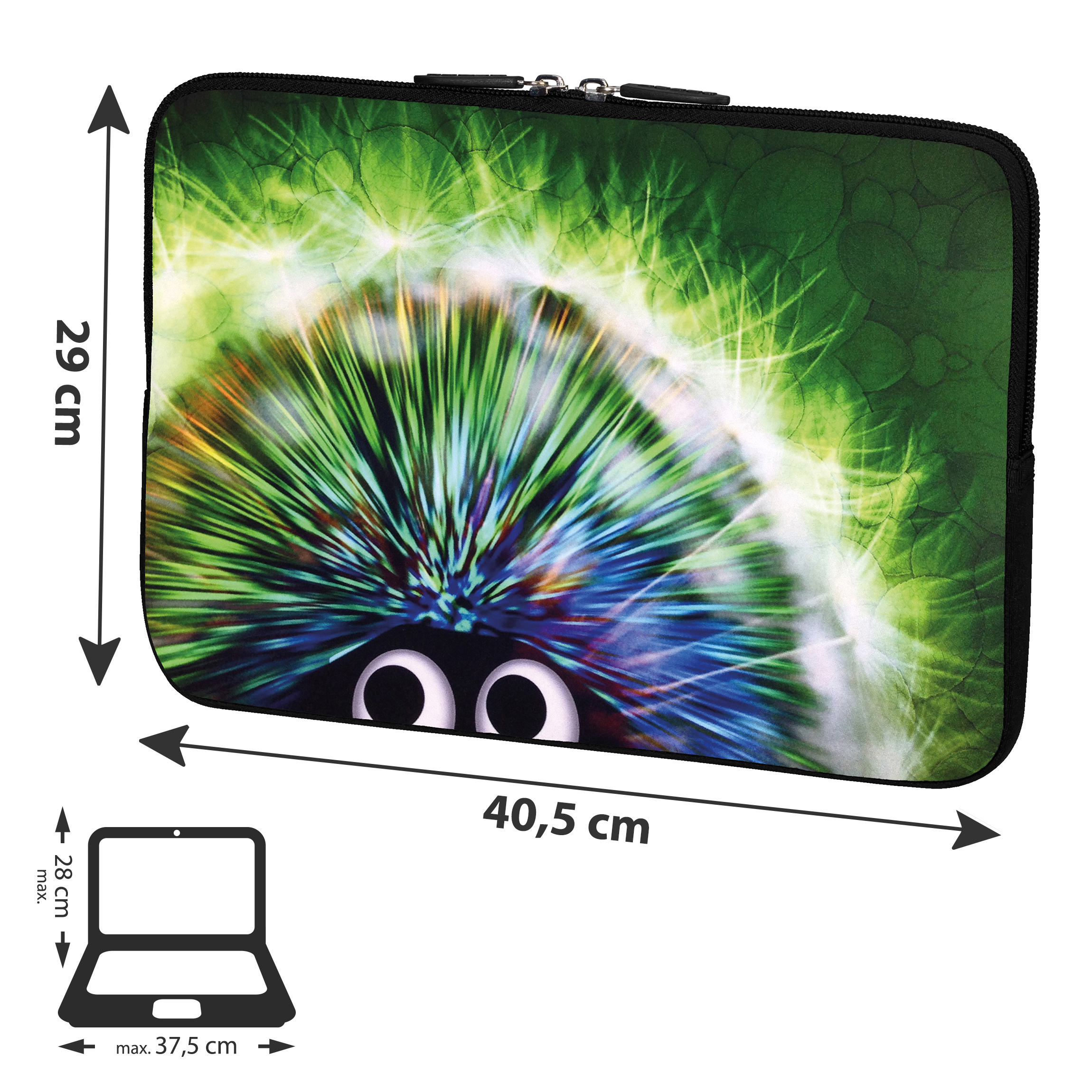 Una custodia per laptop con occhi di cartone animato su sfondo bianco. Le dimensioni sono indicate con frecce.