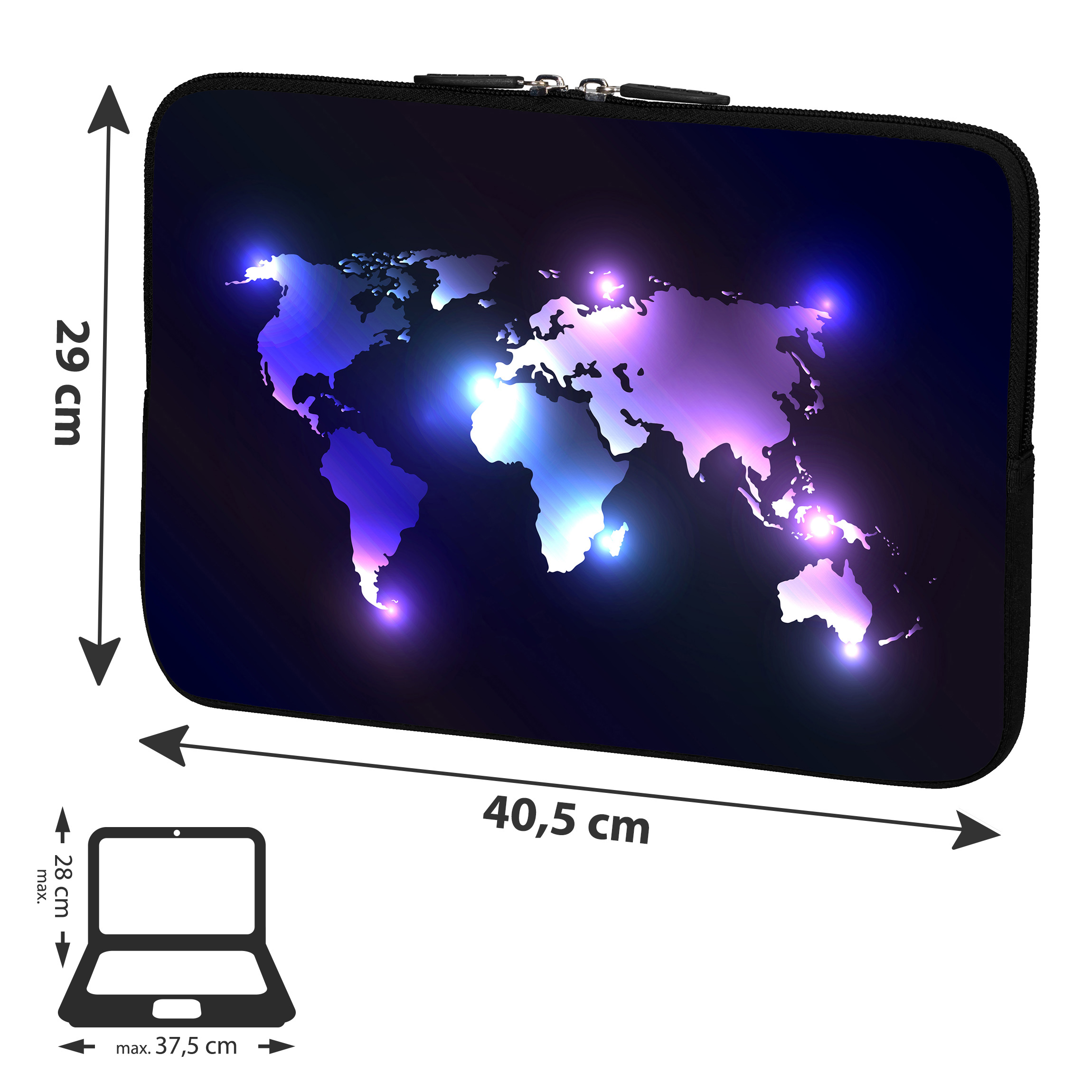 Eine schwarze Laptoptasche mit Weltkartendesign, hervorgehoben mit Neonlichtern. Abmessungen sind angegeben.