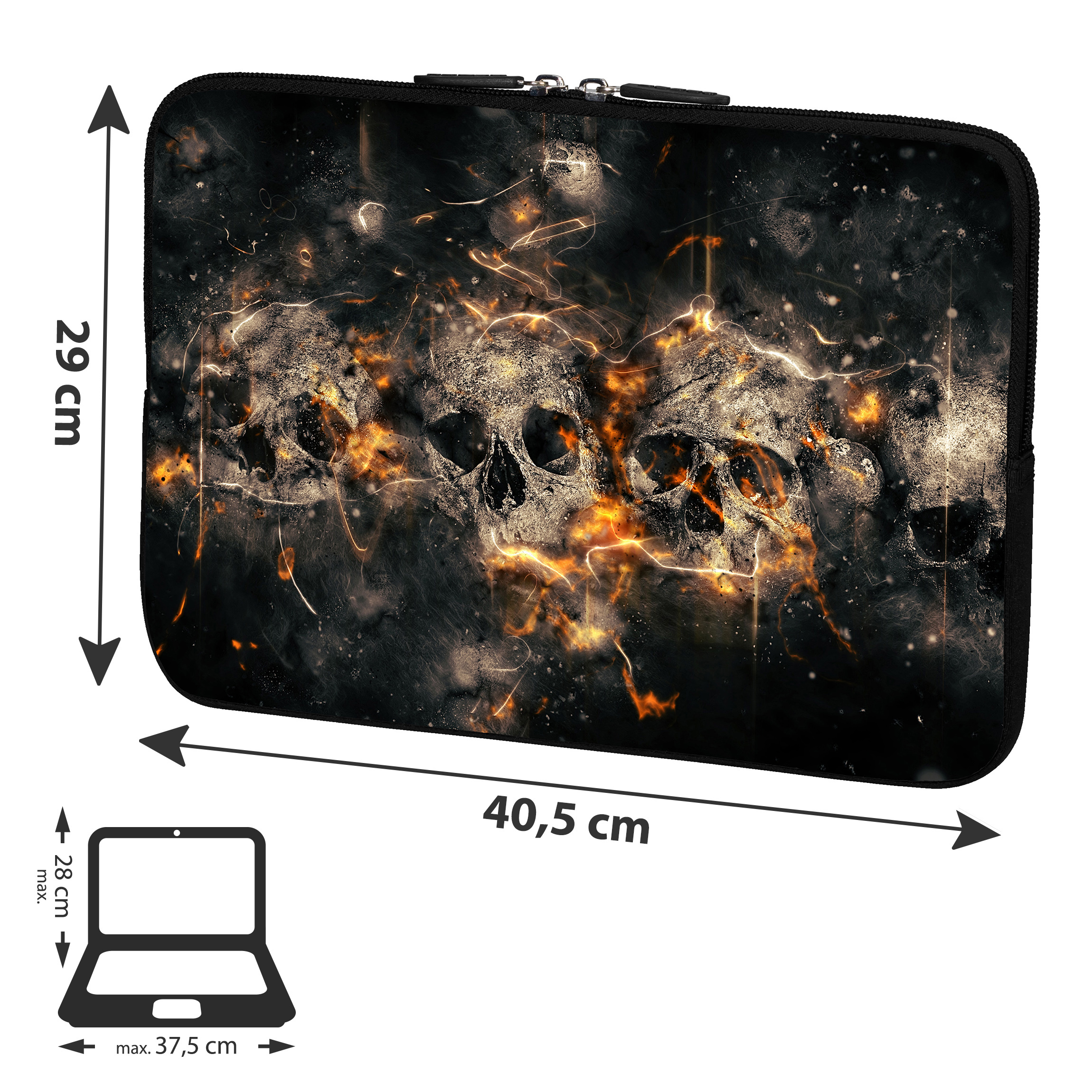 Eine Laptop-Hülle mit Totenkopf-Design, Maße: 29 cm hoch, 40,5 cm breit, Laptop max. 37,5 cm breit.