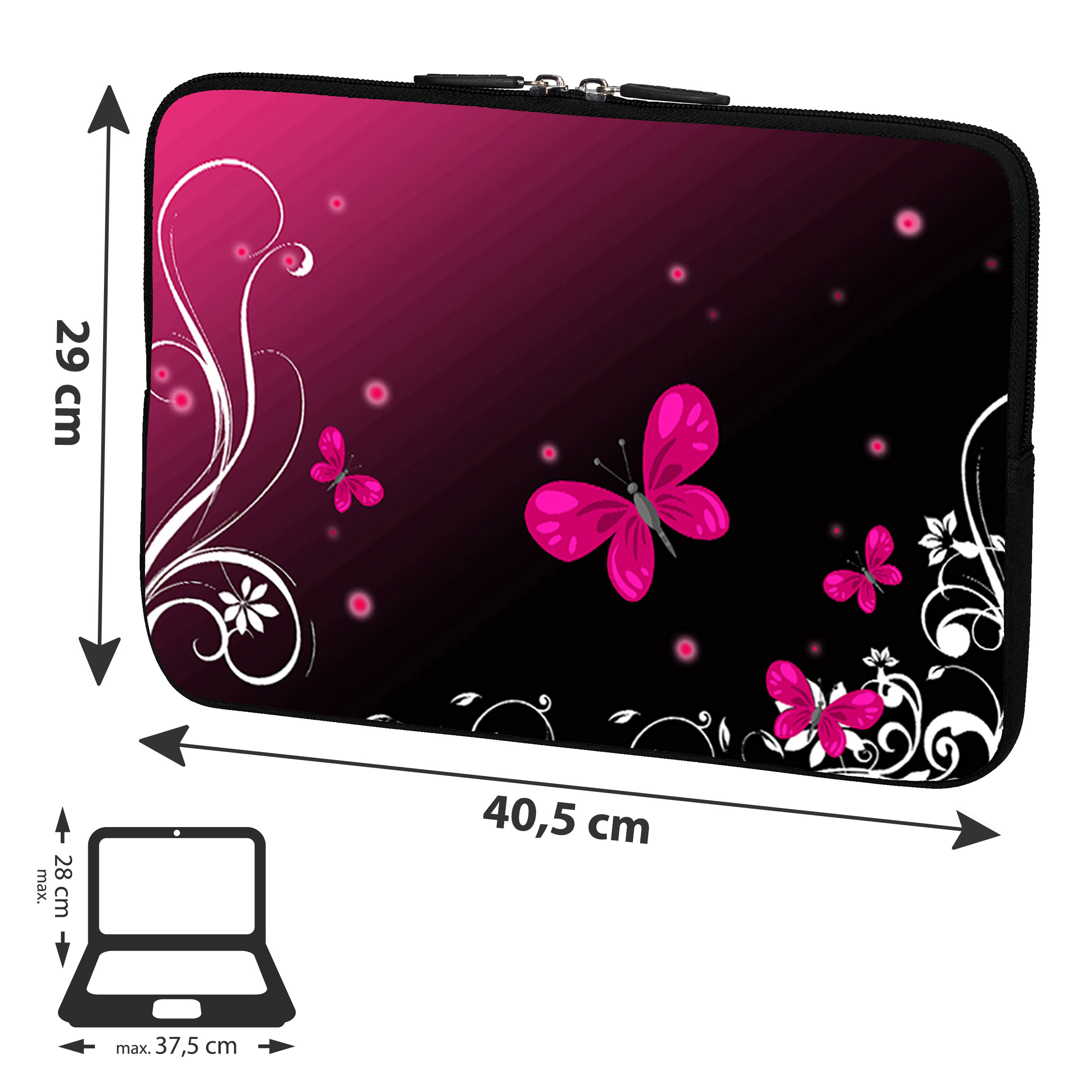 Laptoptasche: rosa Schmetterlinge auf schwarzem und rosa Farbverlauf.