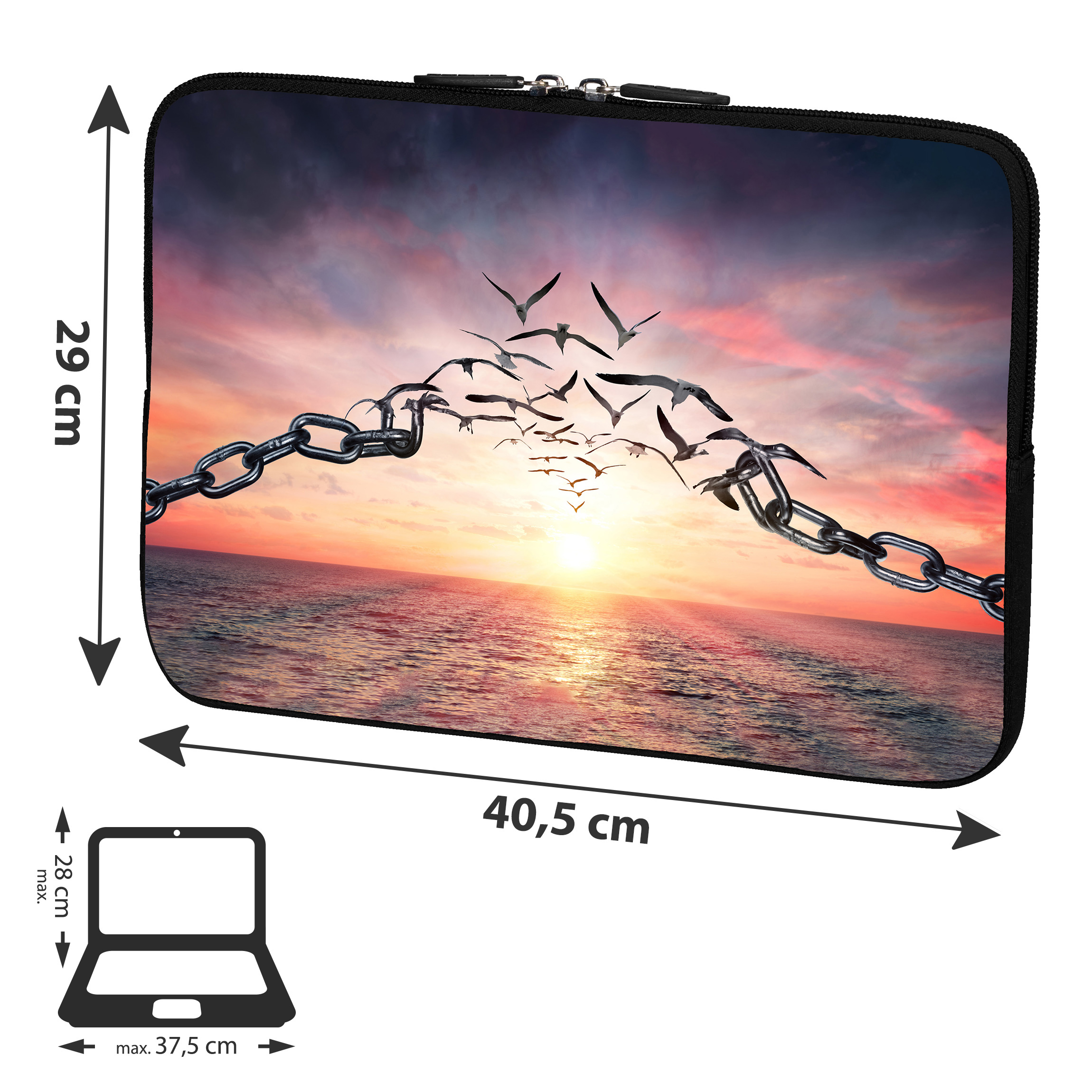Laptophülle mit Sonnenuntergang, Kette und Vögeln. Zeigt Abmessungen. Schwarzer Reißverschluss und Laptop-Silhouette.