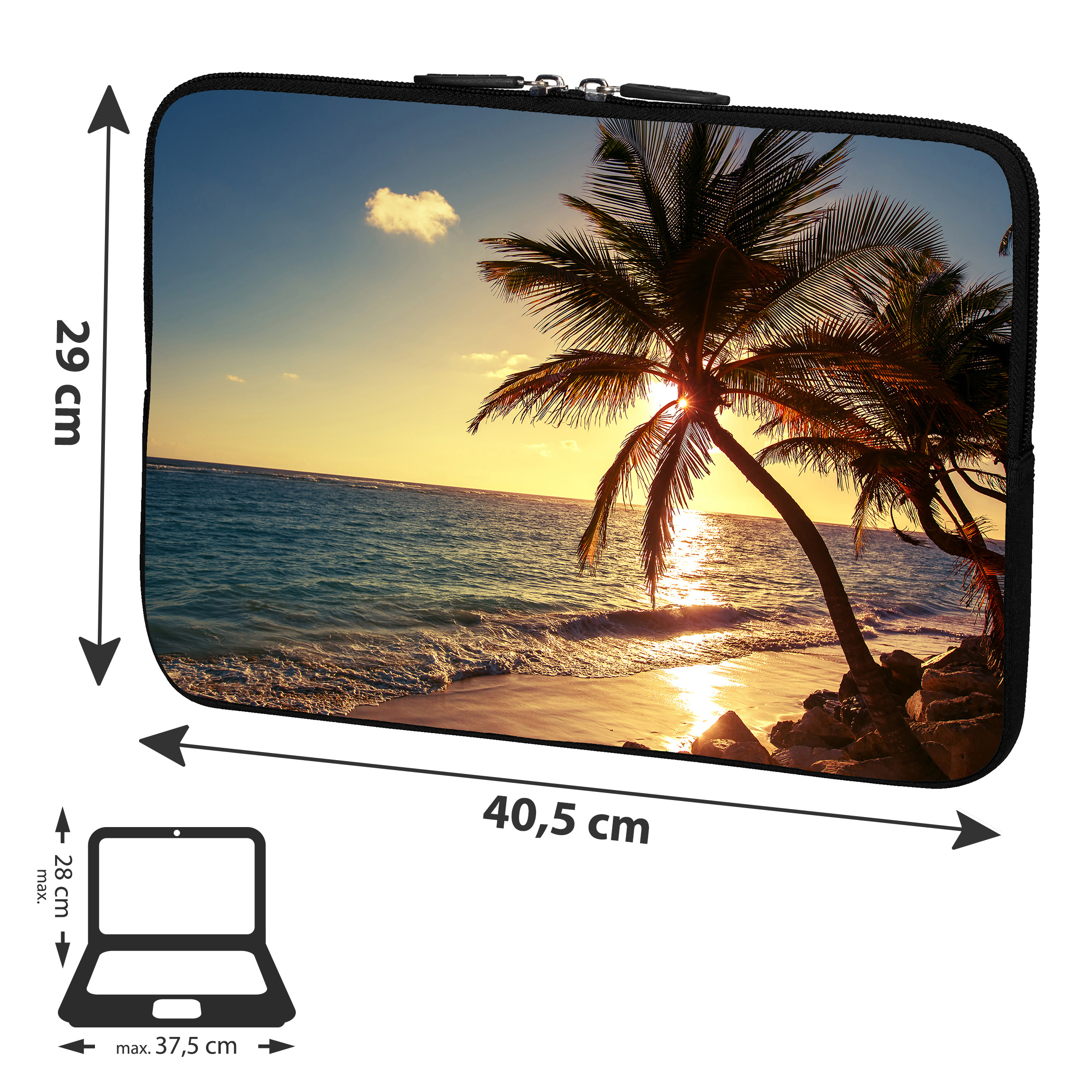 Laptoptasche. Bild eines Strandes bei Sonnenuntergang mit einer Laptop-Silhouette unten.