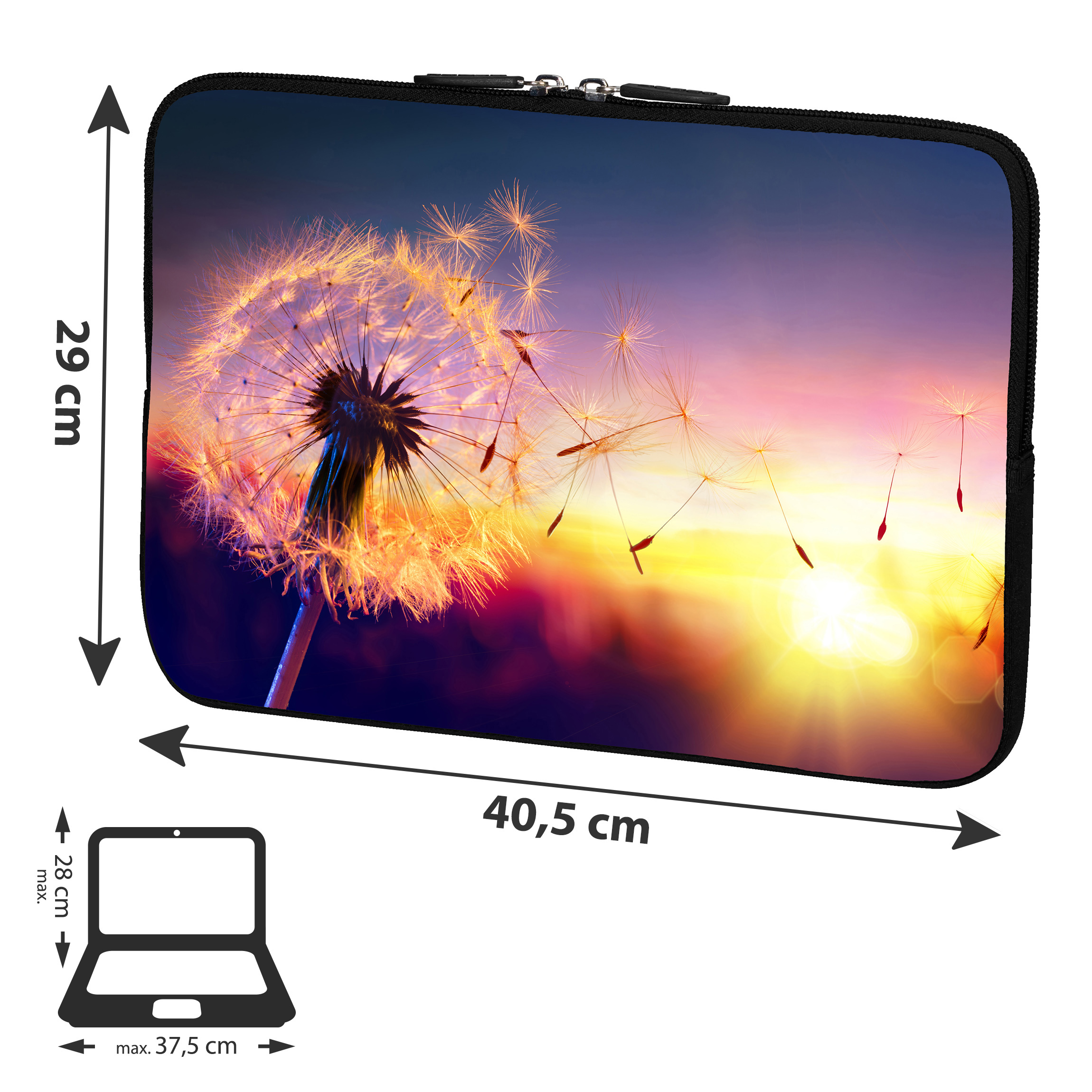 Laptoptasche mit Löwenzahnmotiv. Die Hülle ist schwarz mit Maßen. Sonnenuntergangshintergrund.