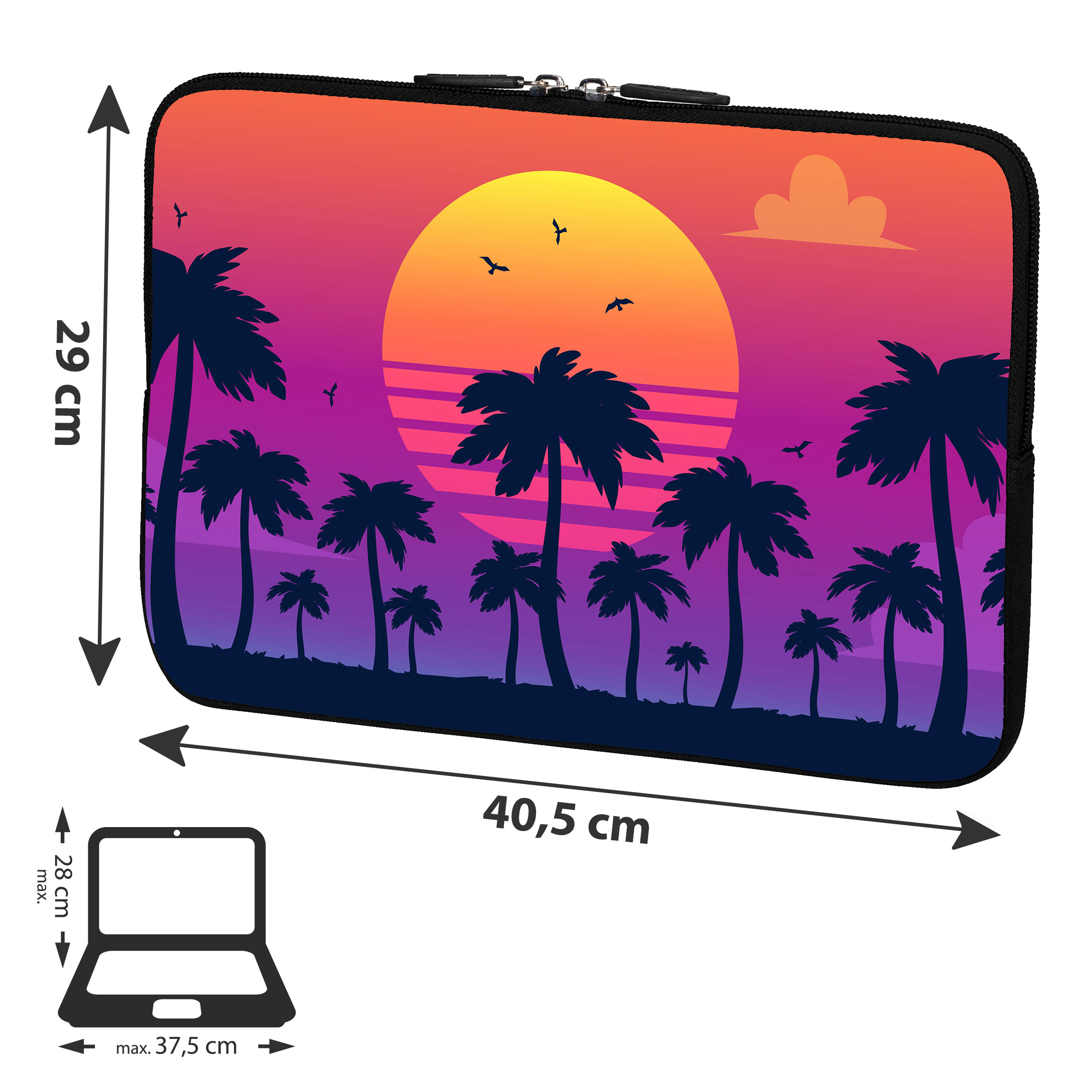 Laptophülle mit Sonnenuntergang-Palmen-Design; Maße: 29 cm Höhe, 40,5 cm Breite.