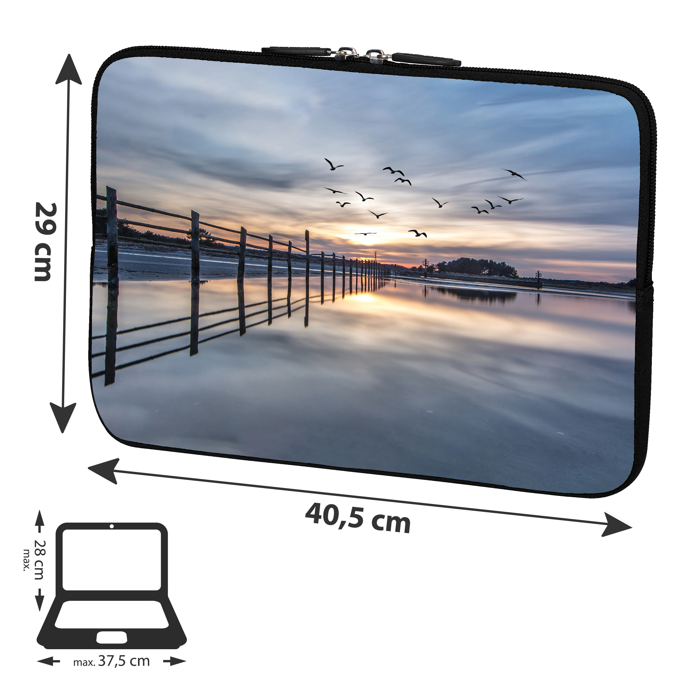 Laptoptasche mit Sonnenuntergang über Wasser und fliegenden Vögeln. Maße: 29cm x 40,5cm.