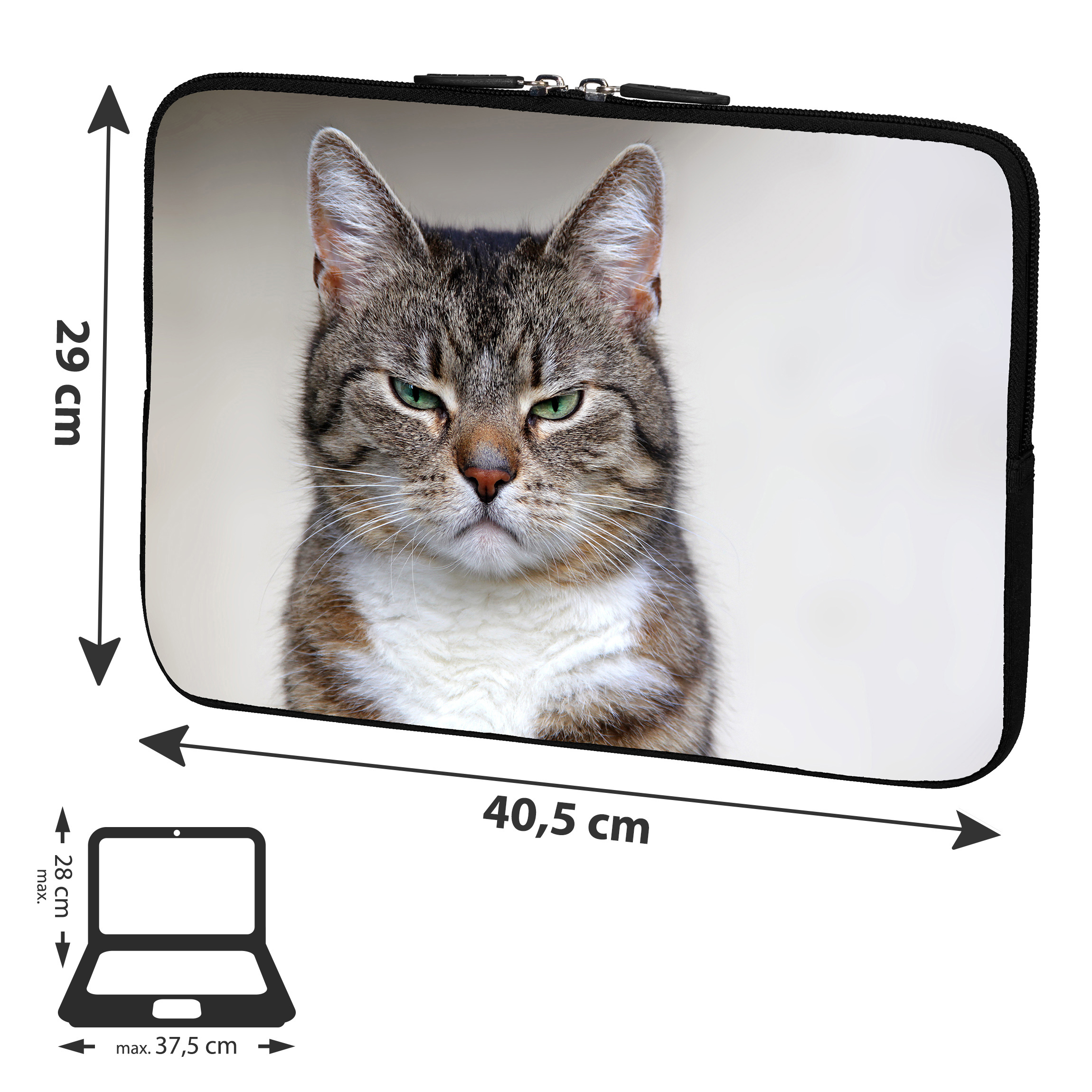 Laptop-Hülle mit dem Gesicht einer Katze. Es zeigt eine Nahaufnahme des Gesichts der Katze mit wütendem Blick.