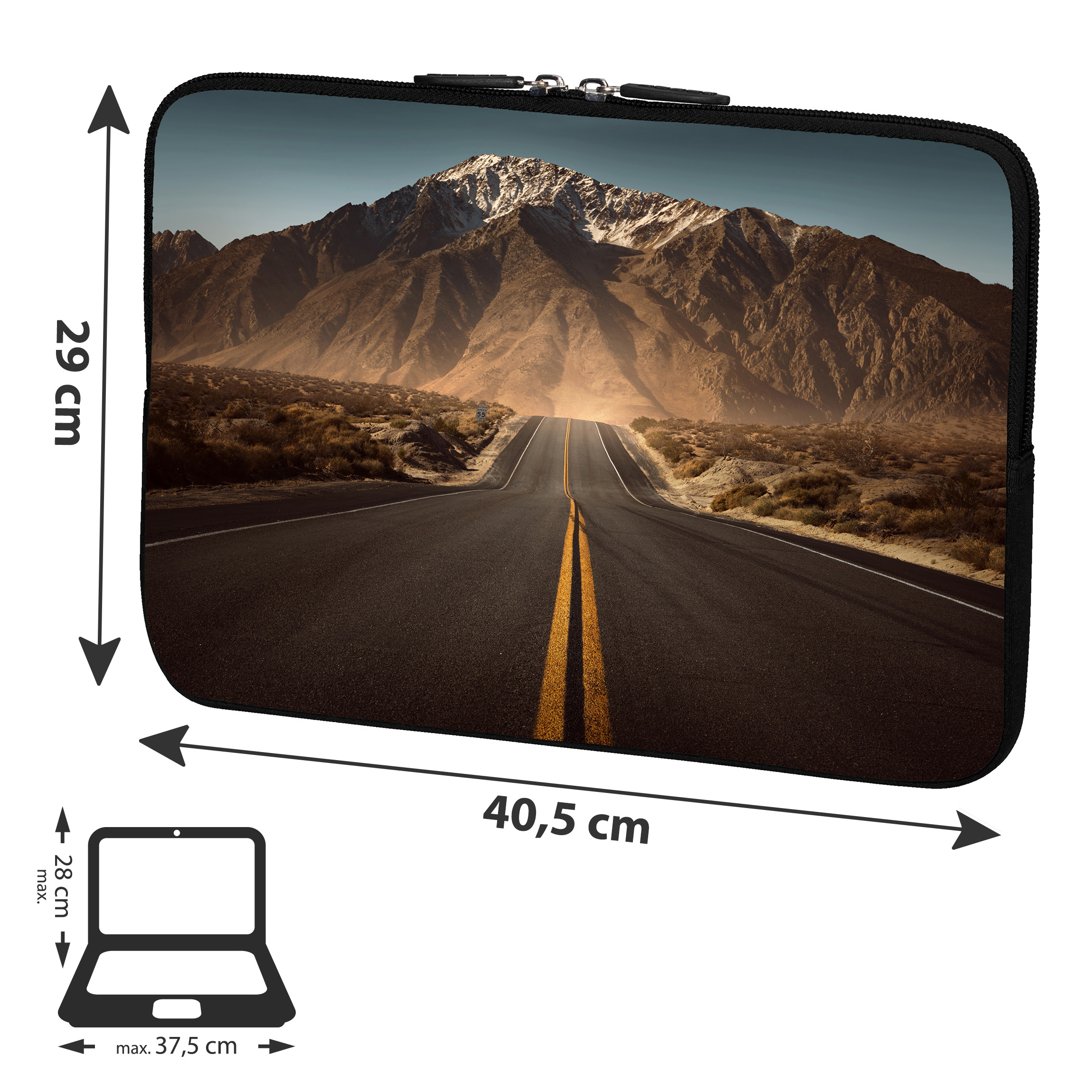 Eine Laptoptasche mit einem Bergstraßenbild. Abmessungen: 29 cm x 40,5 cm. Laptop-Abmessungen: 28 cm x 37,5 cm.