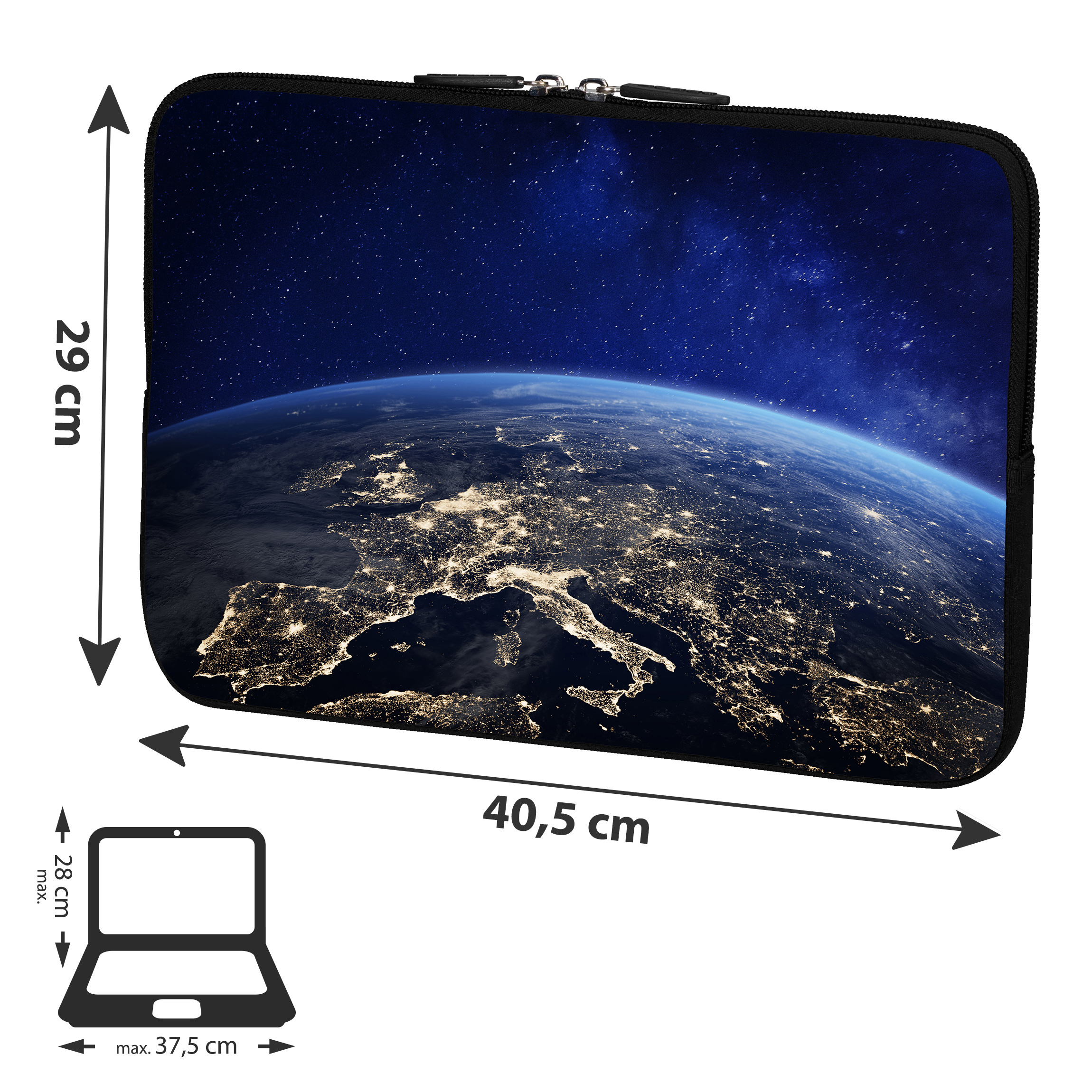 Laptoptasche mit Erdblick. Abmessungen: 29x40,5 cm. Laptop-Silhouette unten.