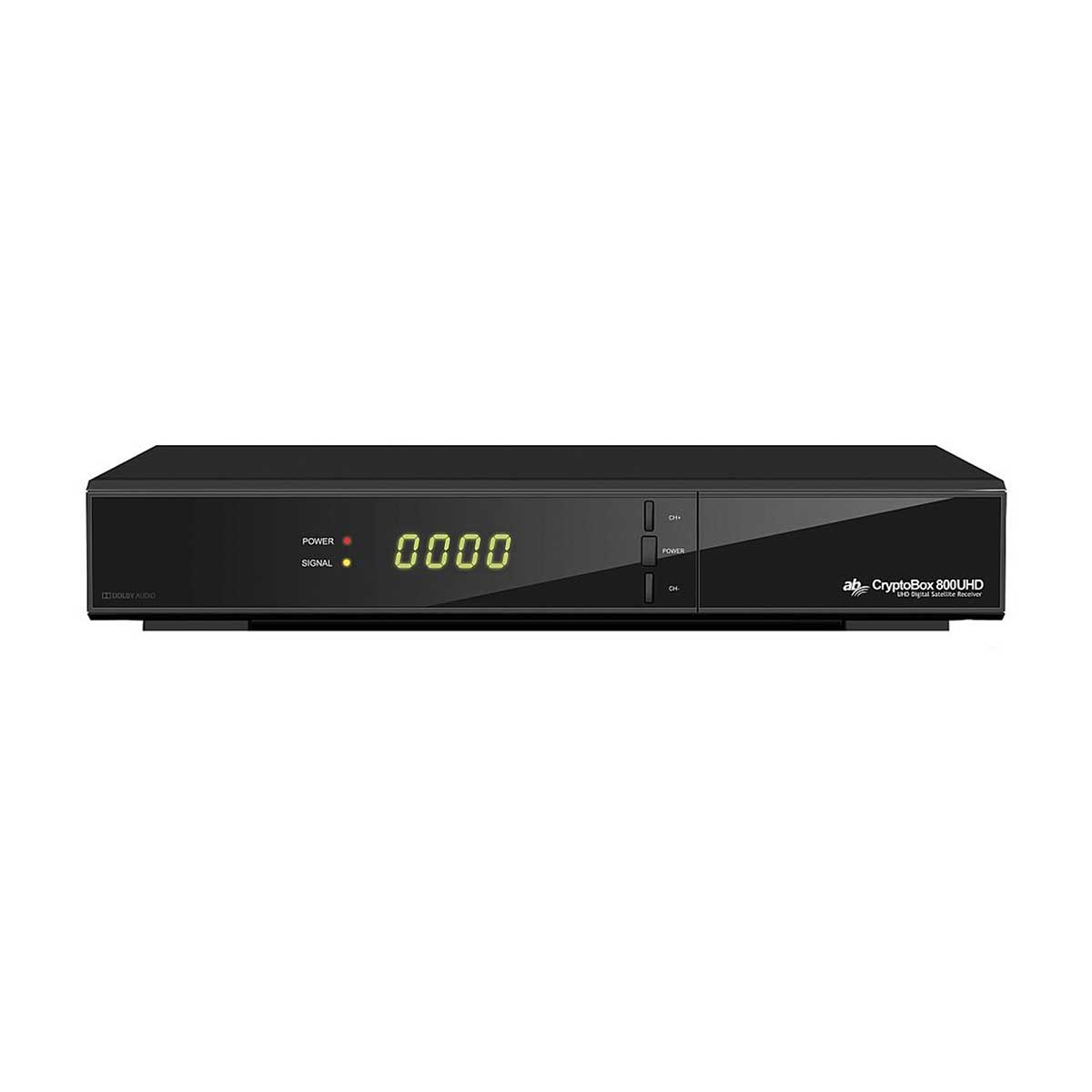 Schwarzer Digitalreceiver mit Display. Frontblende mit Strom- und Signal-Anzeigen. Markenname sichtbar.
