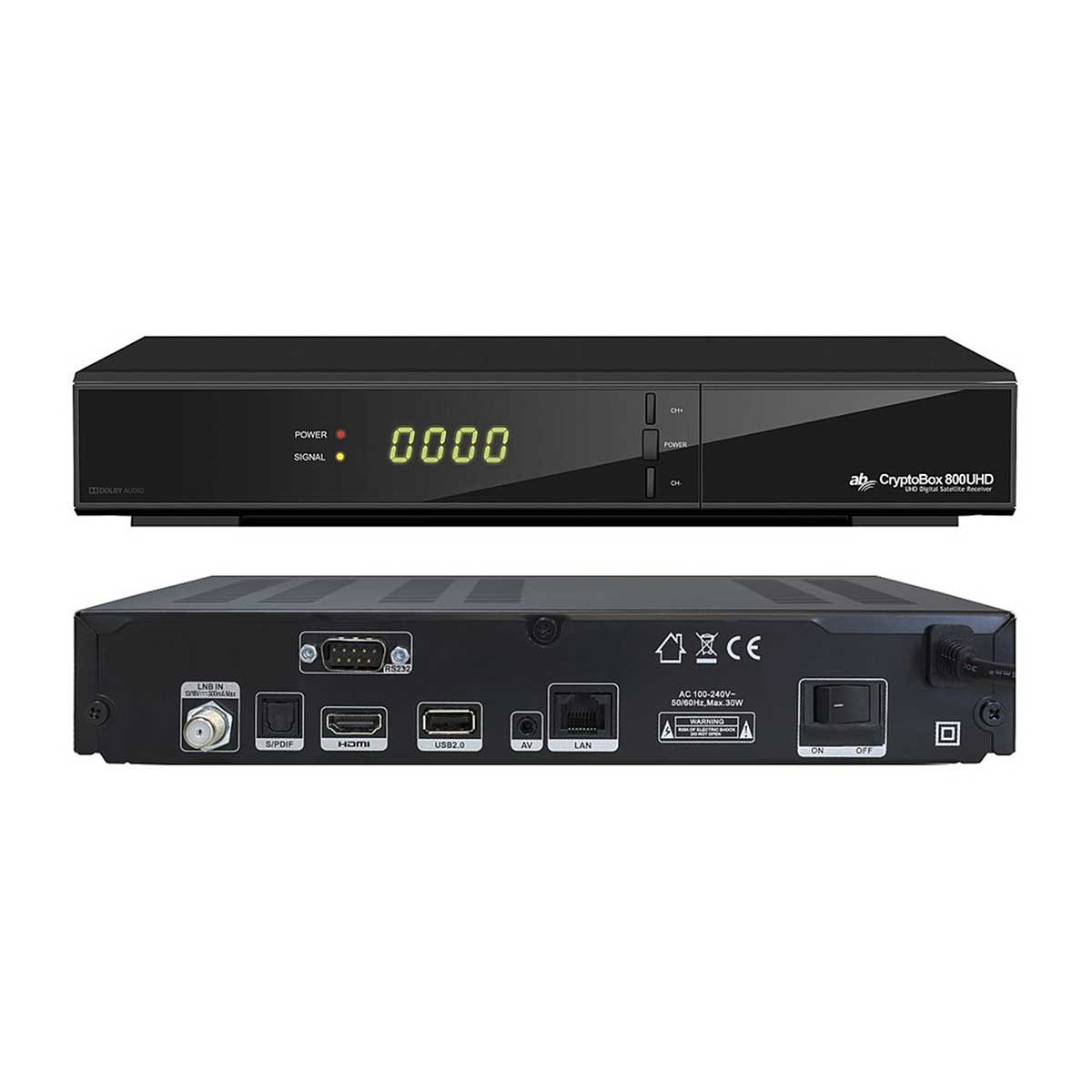 Eine schwarze Set-Top-Box mit Vorder- und Rückansicht, die Strom-, Signal- und Anschlussports zeigt.