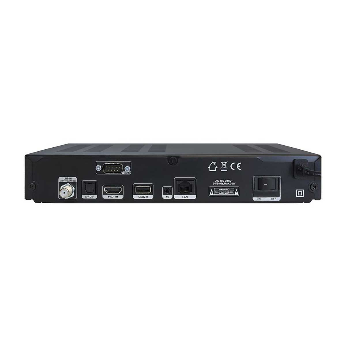 Rückansicht eines schwarzen Gigablue UHD Quad 4K-Receivers. Zeigt mehrere Anschlüsse und Verbindungen.