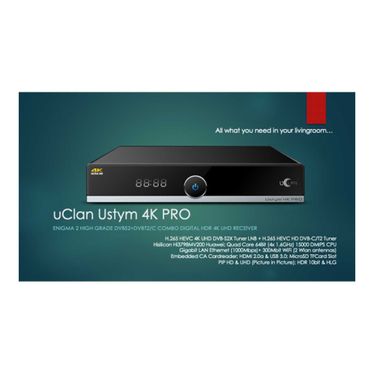 Schwarzer uClan Ustym 4K Pro Receiver. Text und Logos auf der Vorderseite. Zeigt Anschlüsse und Details.
