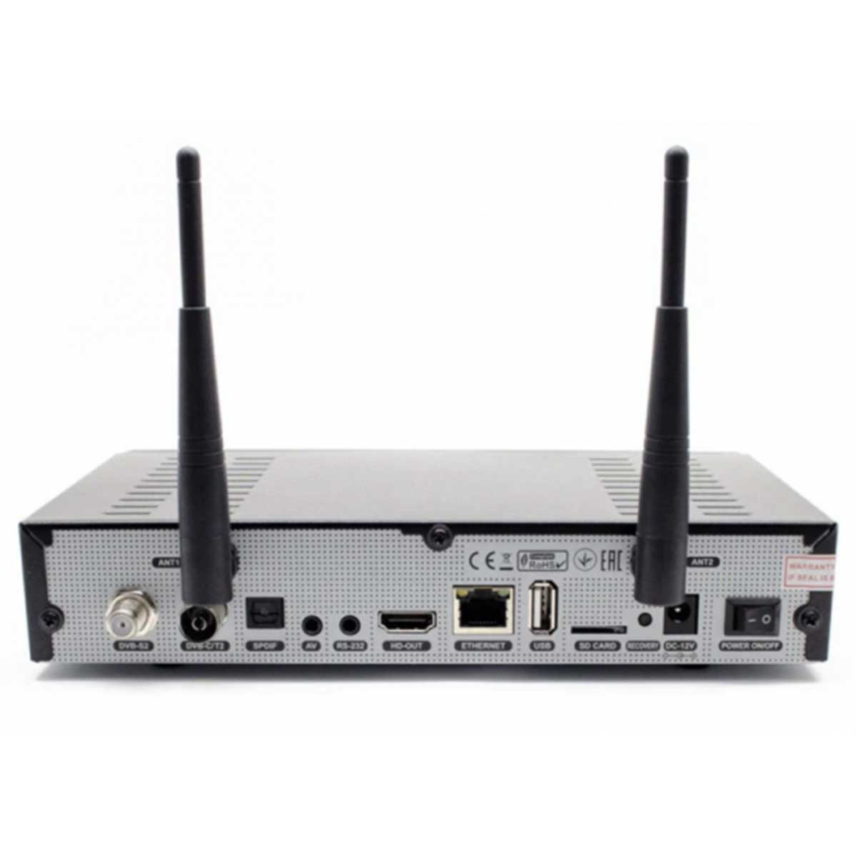 Rückansicht einer schwarzen Set-Top-Box mit Antennen und verschiedenen Anschlüssen.