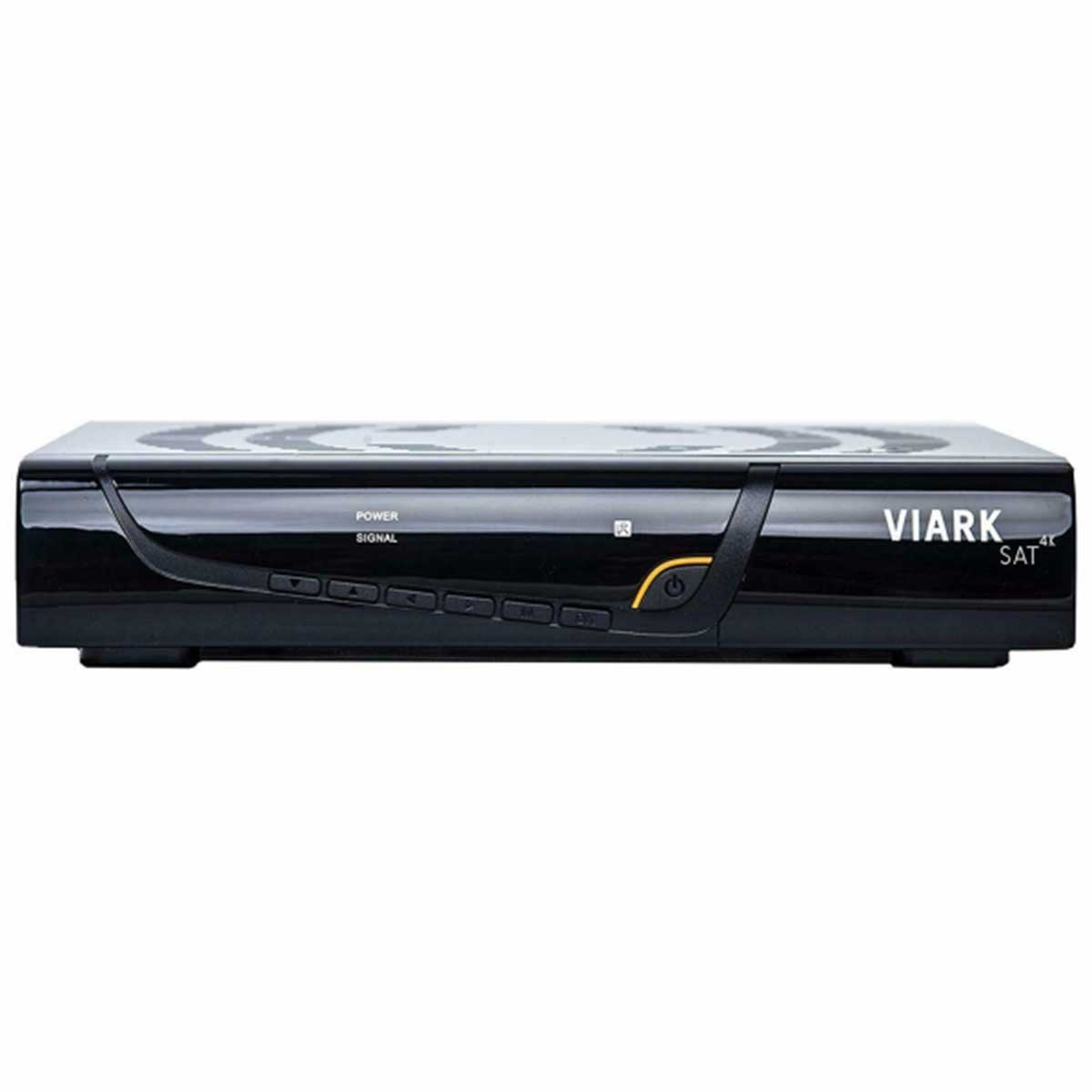 Un receptor SAT VIARK 4K negro. El receptor tiene botones de encendido y señal.