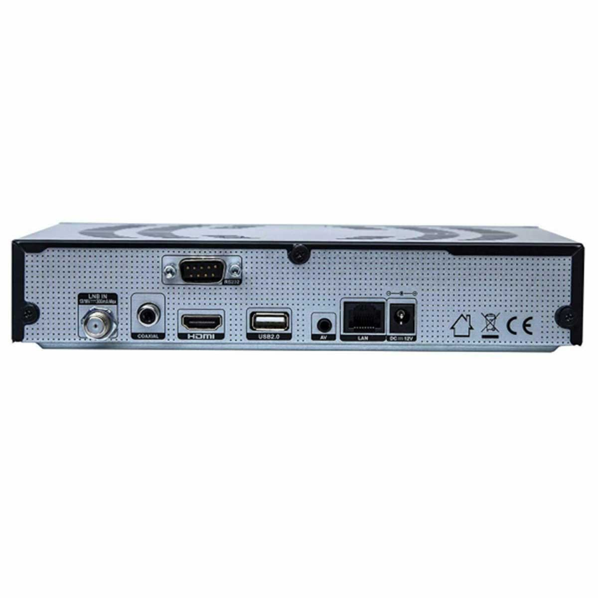 Parte trasera de un dispositivo electrónico plateado con varios puertos y conexiones.