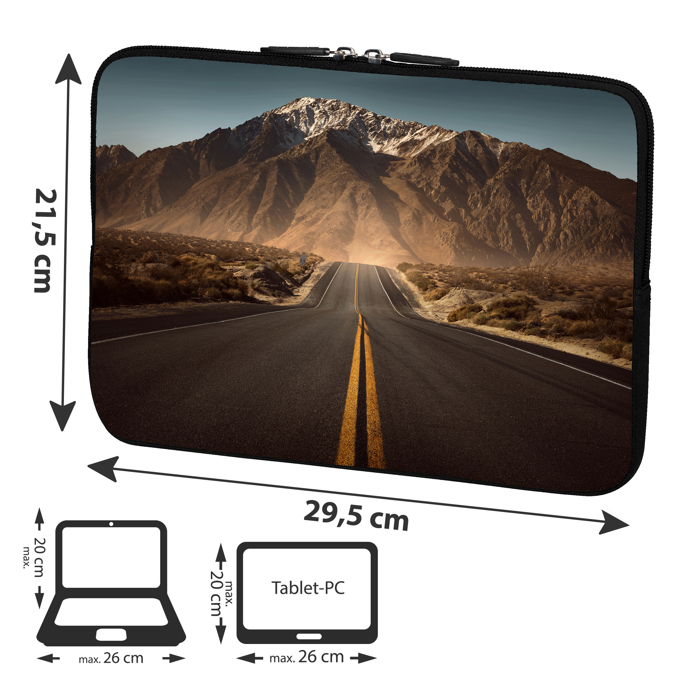 Eine Laptoptasche mit einem Bild einer Straße, die zu Bergen führt. Abmessungen sind angegeben.