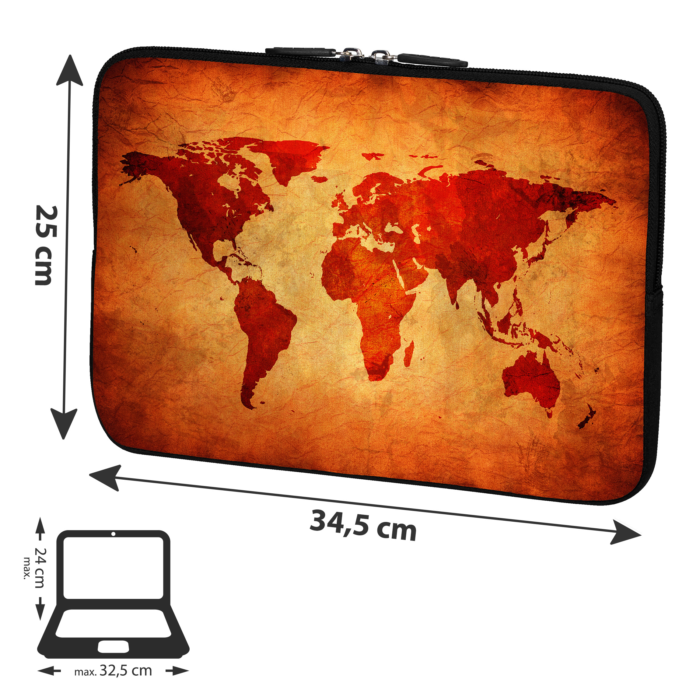 Una custodia per laptop con un design a mappa del mondo e etichette dimensionali.