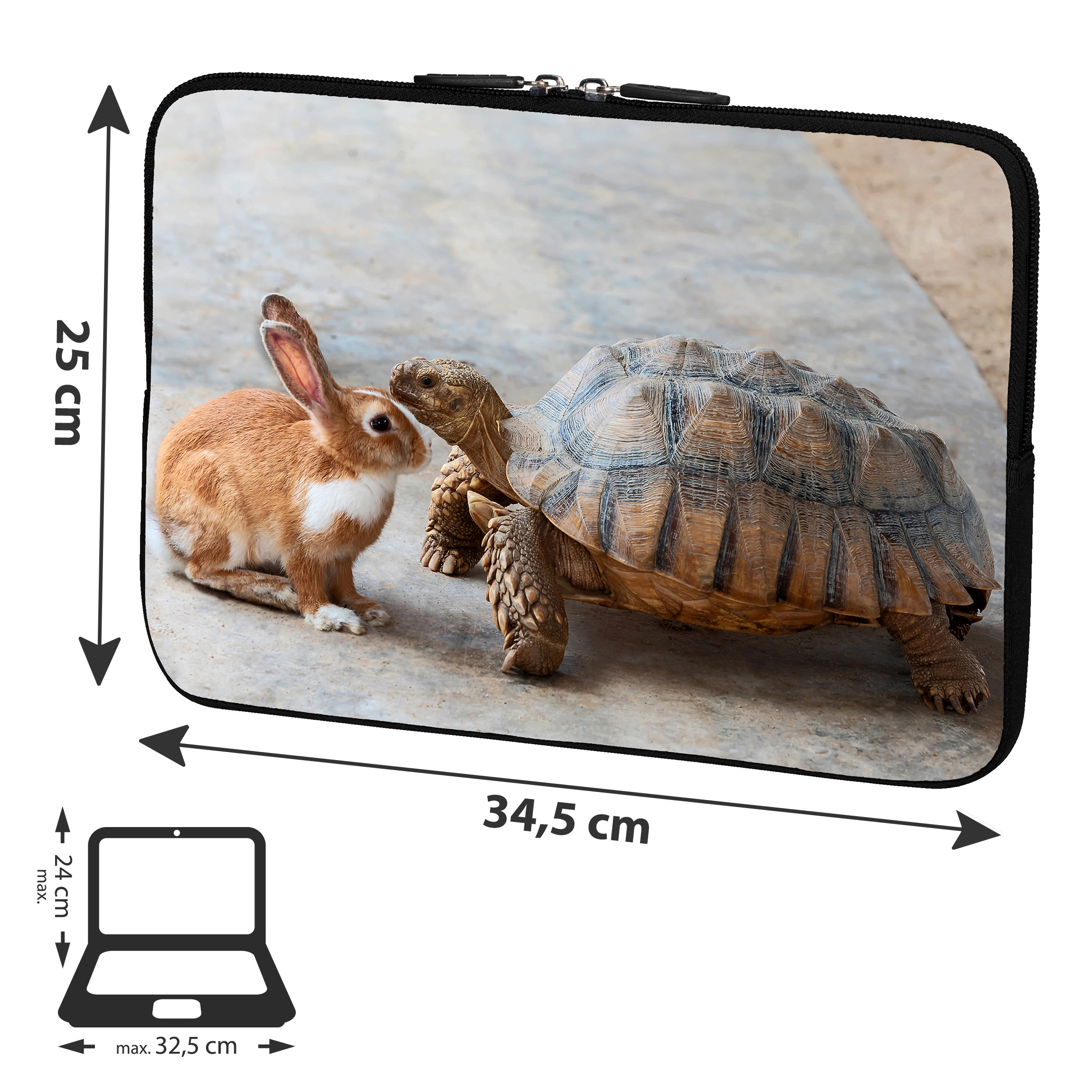 Laptop-Hülle zeigt ein Kaninchen und eine Schildkröte.