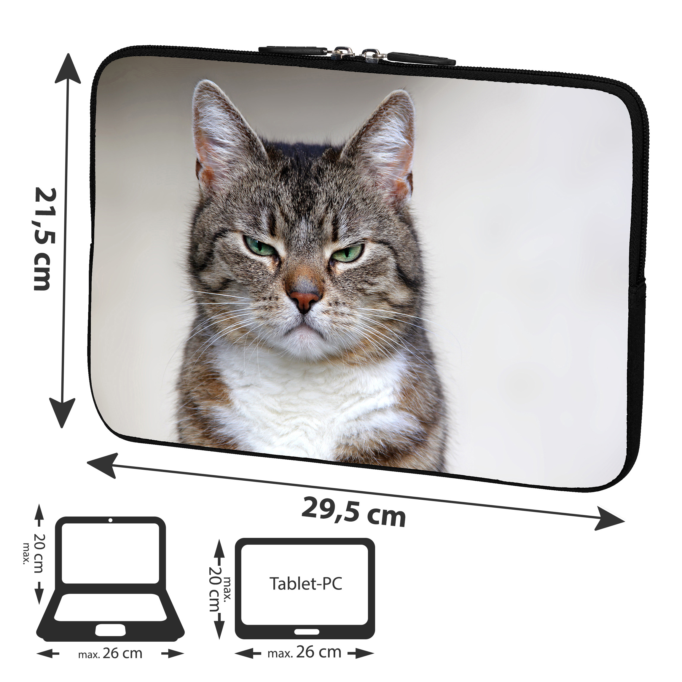 Laptop-Hülle mit Katzen-Gesicht. Maße: 21,5cm x 29,5cm. Laptop- und Tablet-PC-Silhouetten darunter.