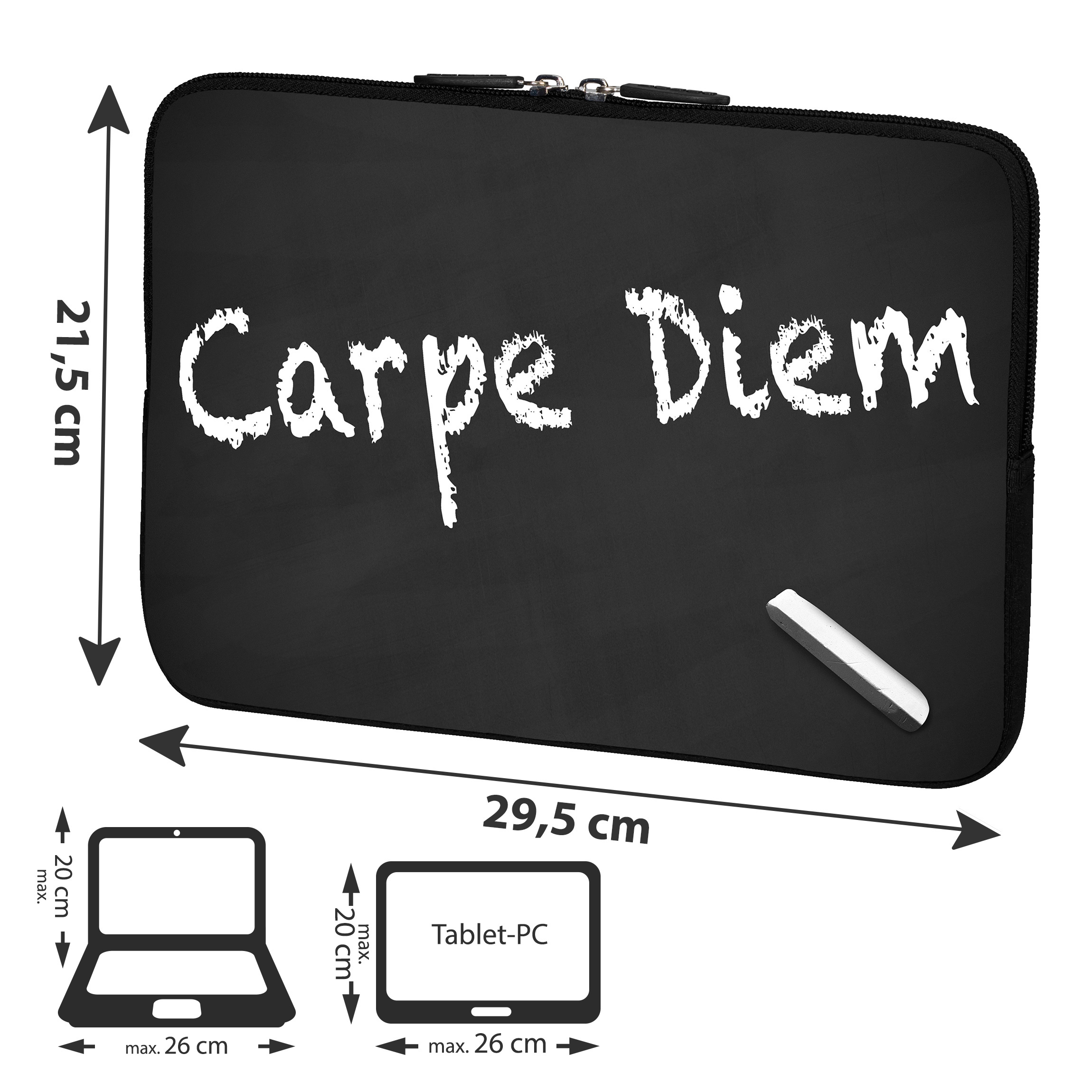 Schwarze Laptoptasche mit 'Carpe Diem' in Weiß. Abmessungen werden angezeigt.