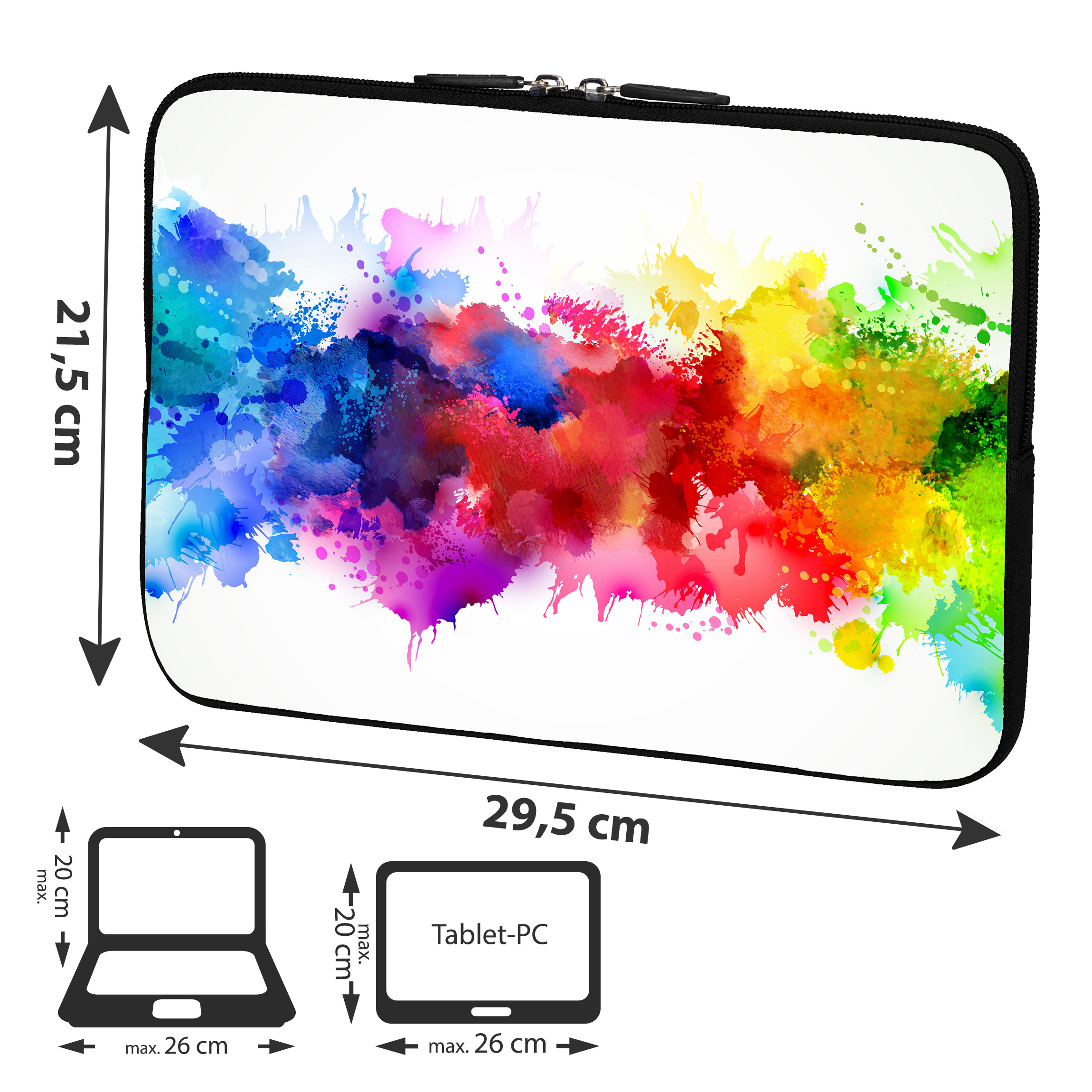 Eine Laptop-Hülle mit einem farbenfrohen, abstrakten Farbspritzer-Design.