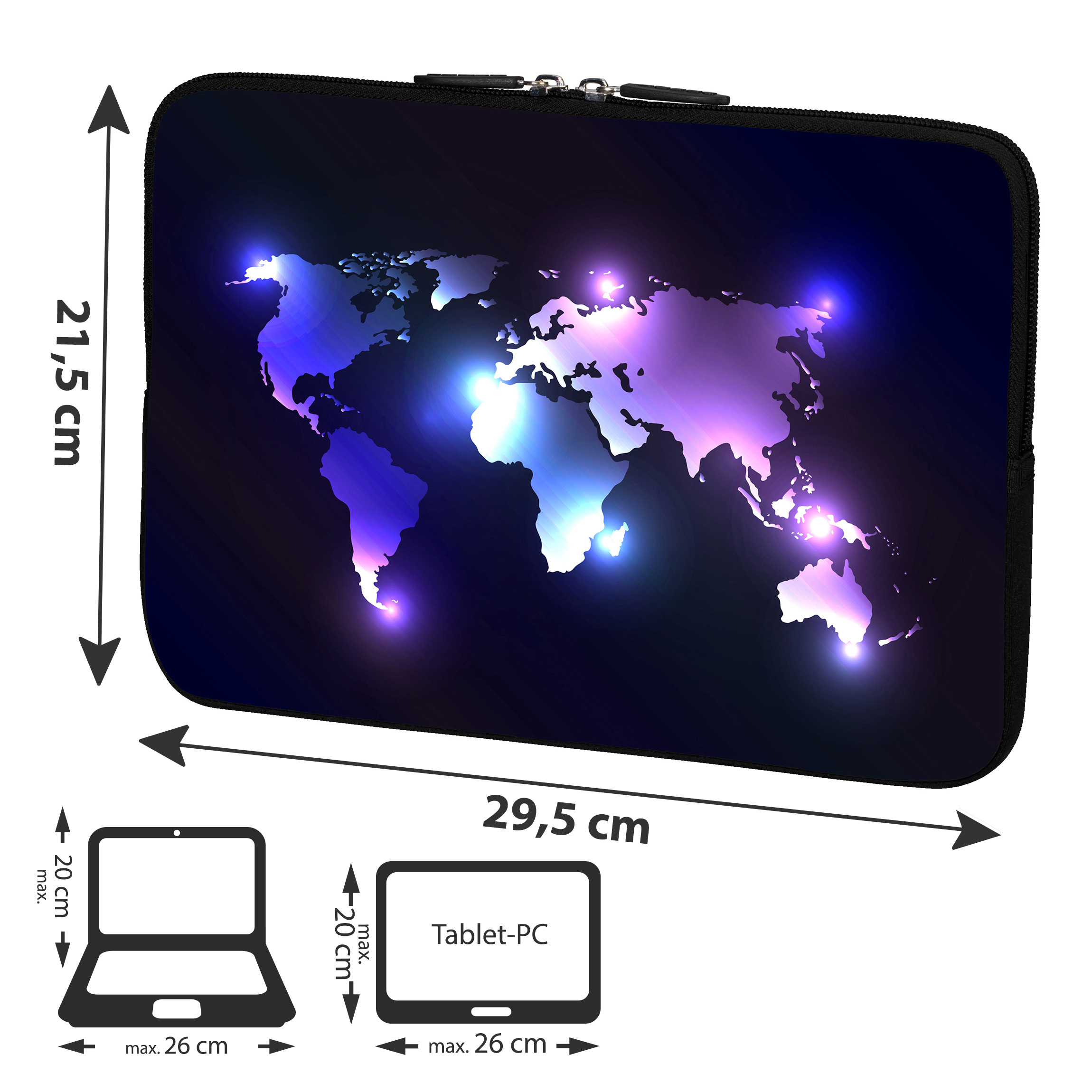 Eine Laptoptasche mit Weltkartendesign und Maßen. Sie hat eine Laptop- und Tablet-PC-Silhouette.
