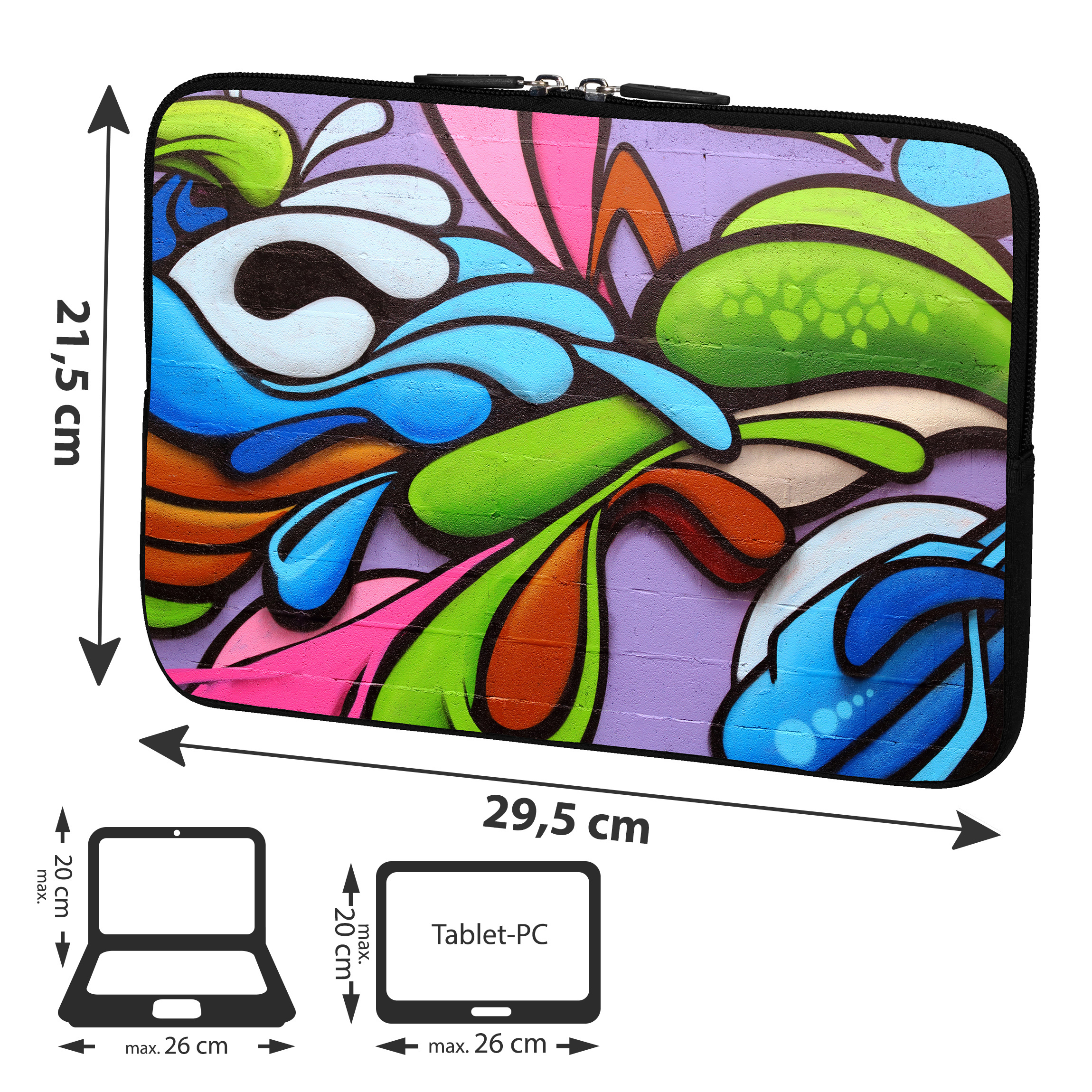 Laptophülle mit Graffiti-Kunst. Buntes Design. Abmessungen angegeben. Tablet-PC-Silhouette. Weißer Hintergrund.