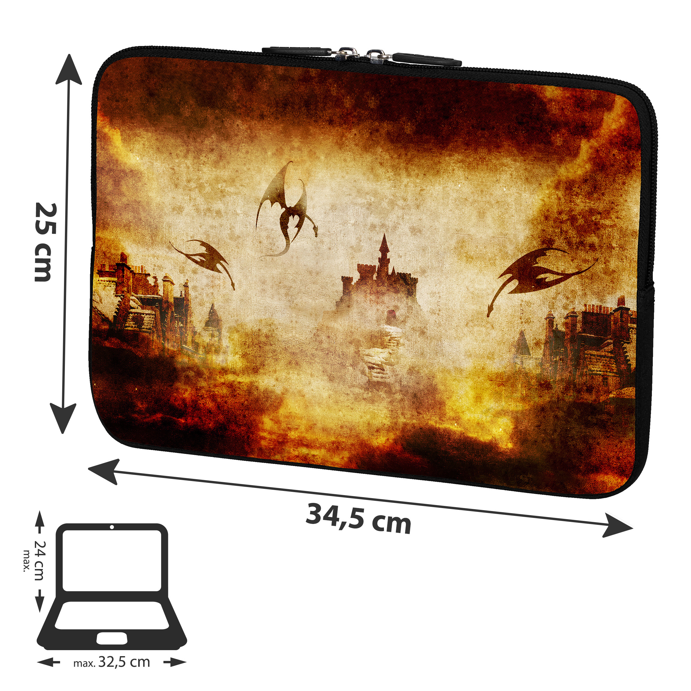 Laptoptasche mit Fantasy-Drachenszene, Maße 34,5 cm x 25 cm, und eine Laptop-Silhouette.