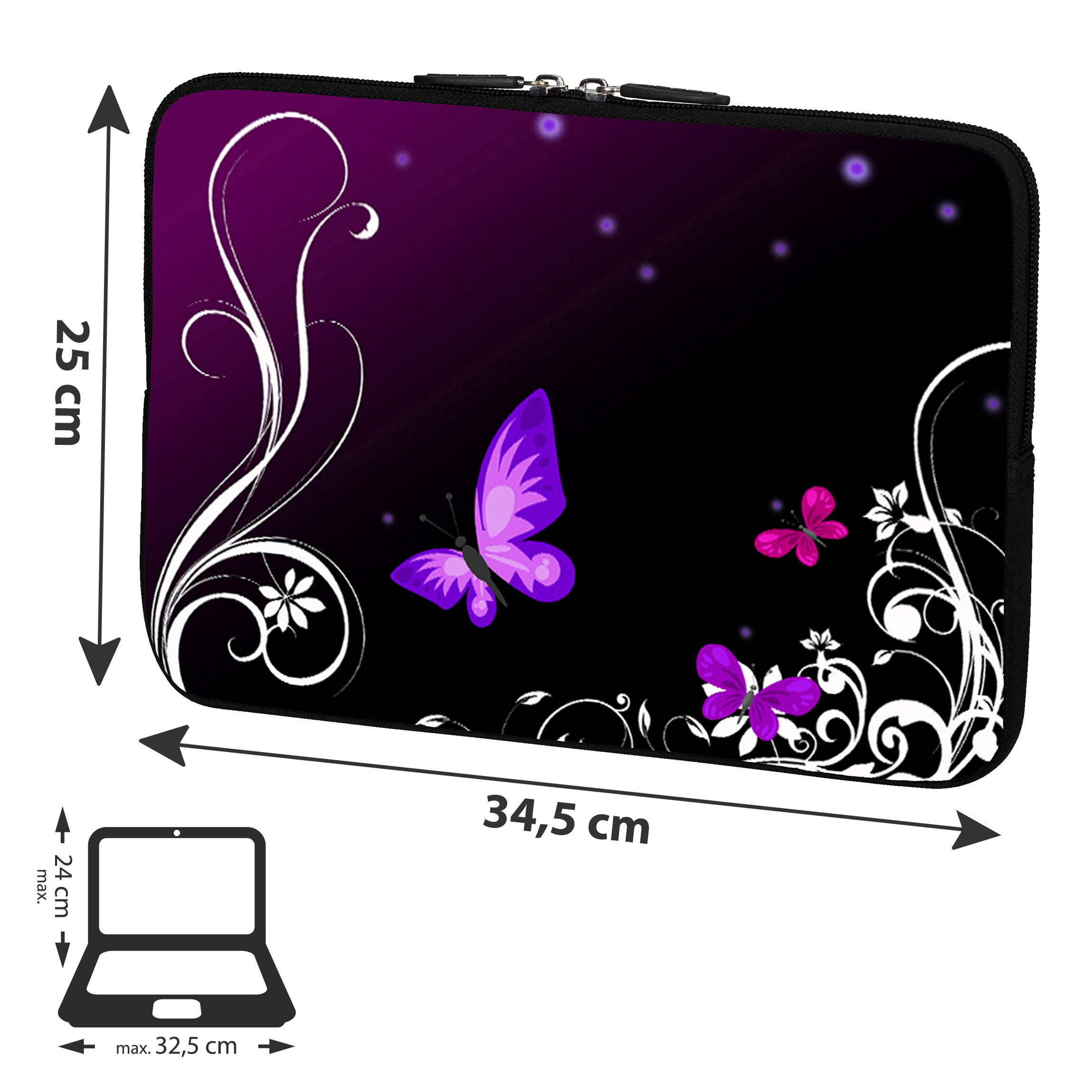 Laptop-Hülle mit Maßen, verziert mit Schmetterlingen und floralem Design.
