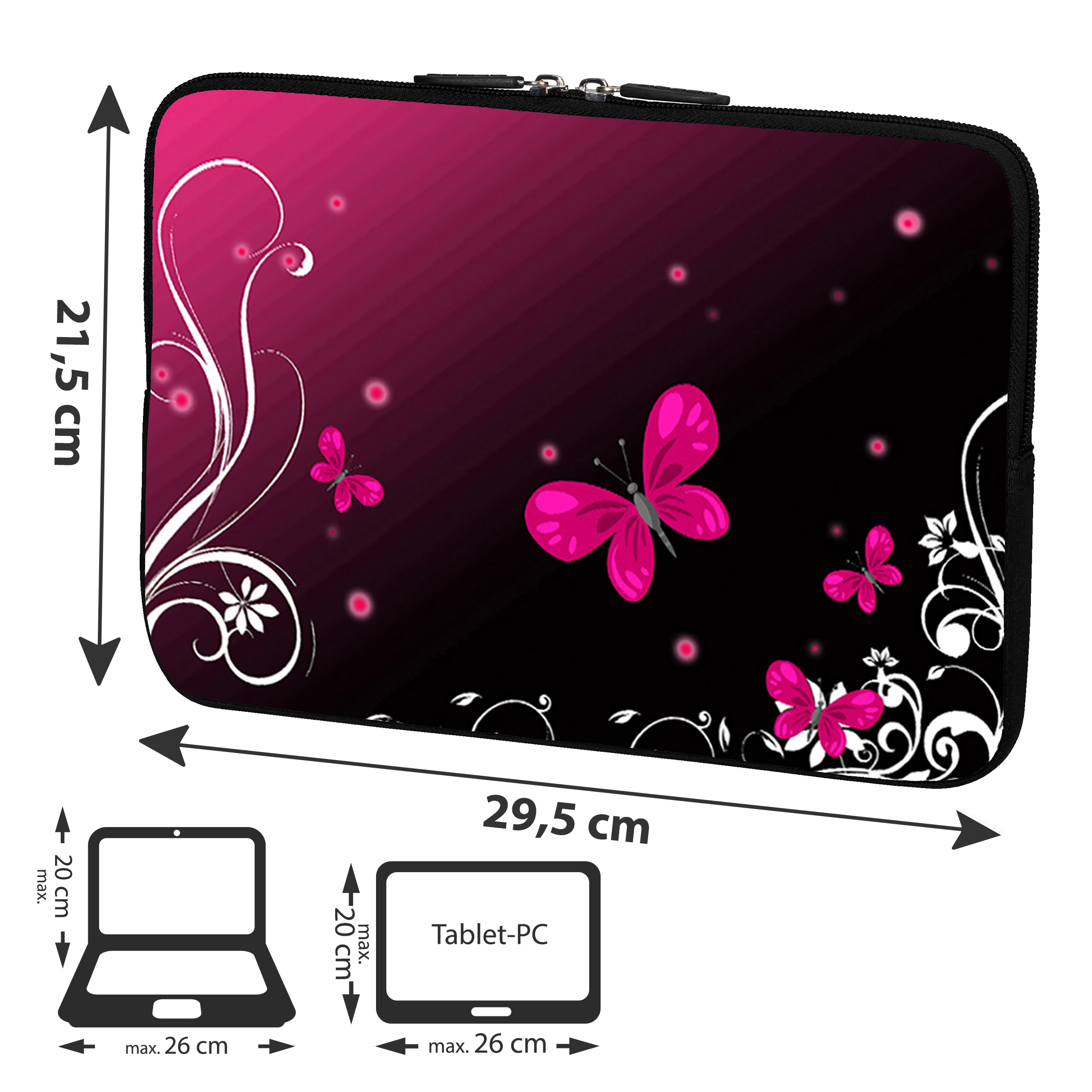 Laptoptasche mit schwarzem und rosa Schmetterlings- und Blumendesign, Maße gezeigt.