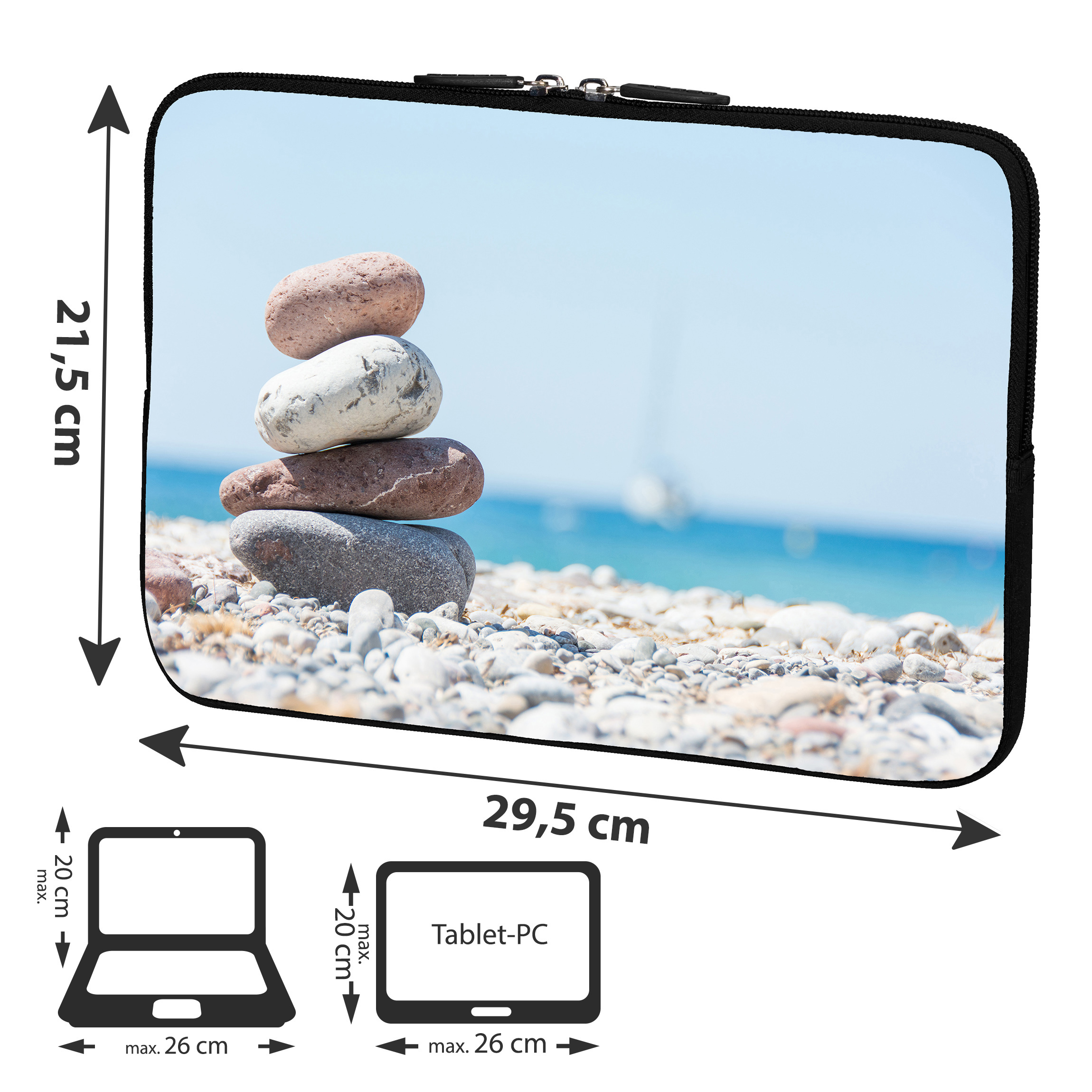 Laptop-Hülle mit Steinstapel-Design, Abmessungen: 21,5 cm x 29,5 cm. Tablet-Silhouette unten.